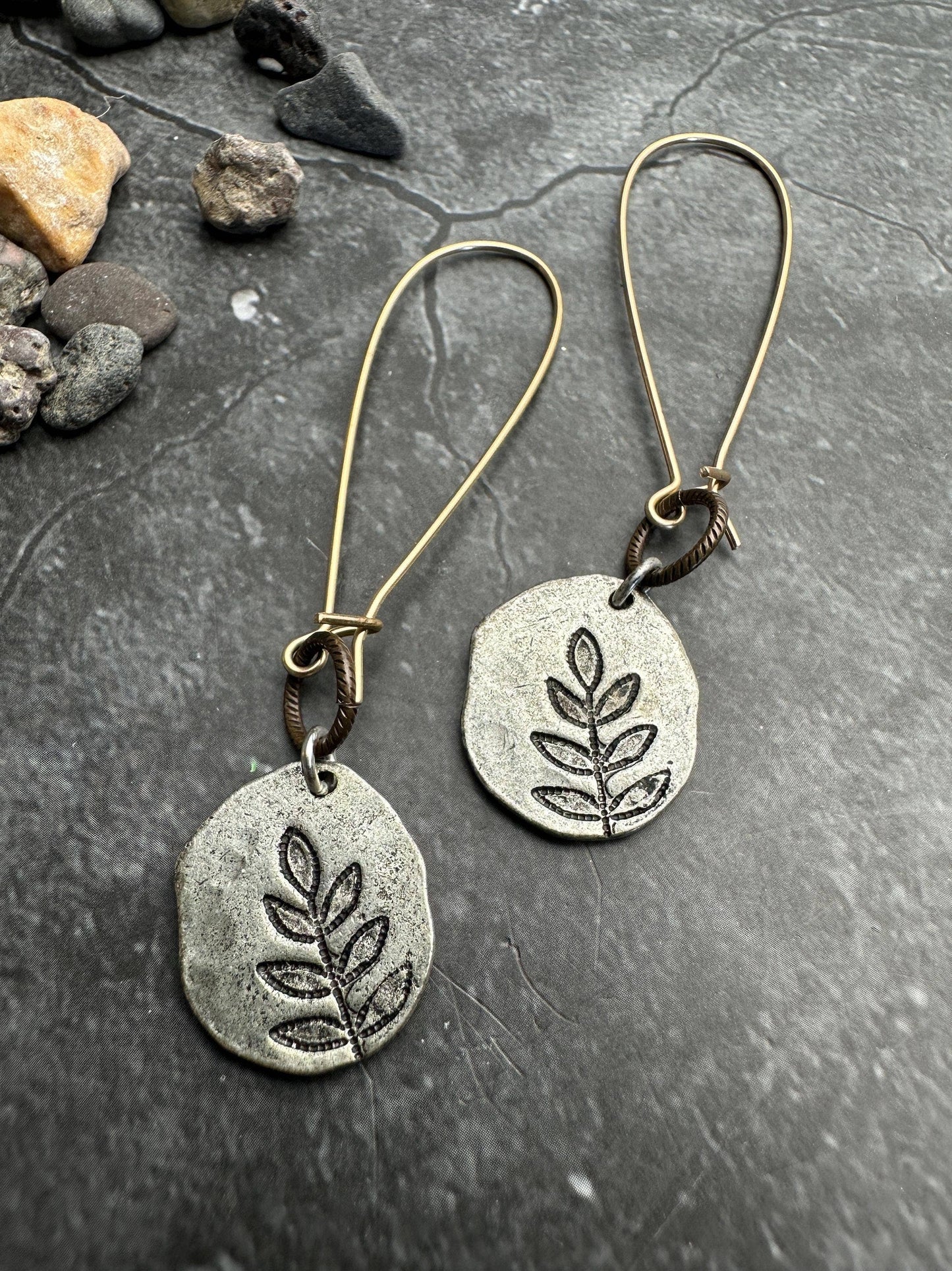 Imprinted Leaf Hammered Silver Organic Shape Earrings