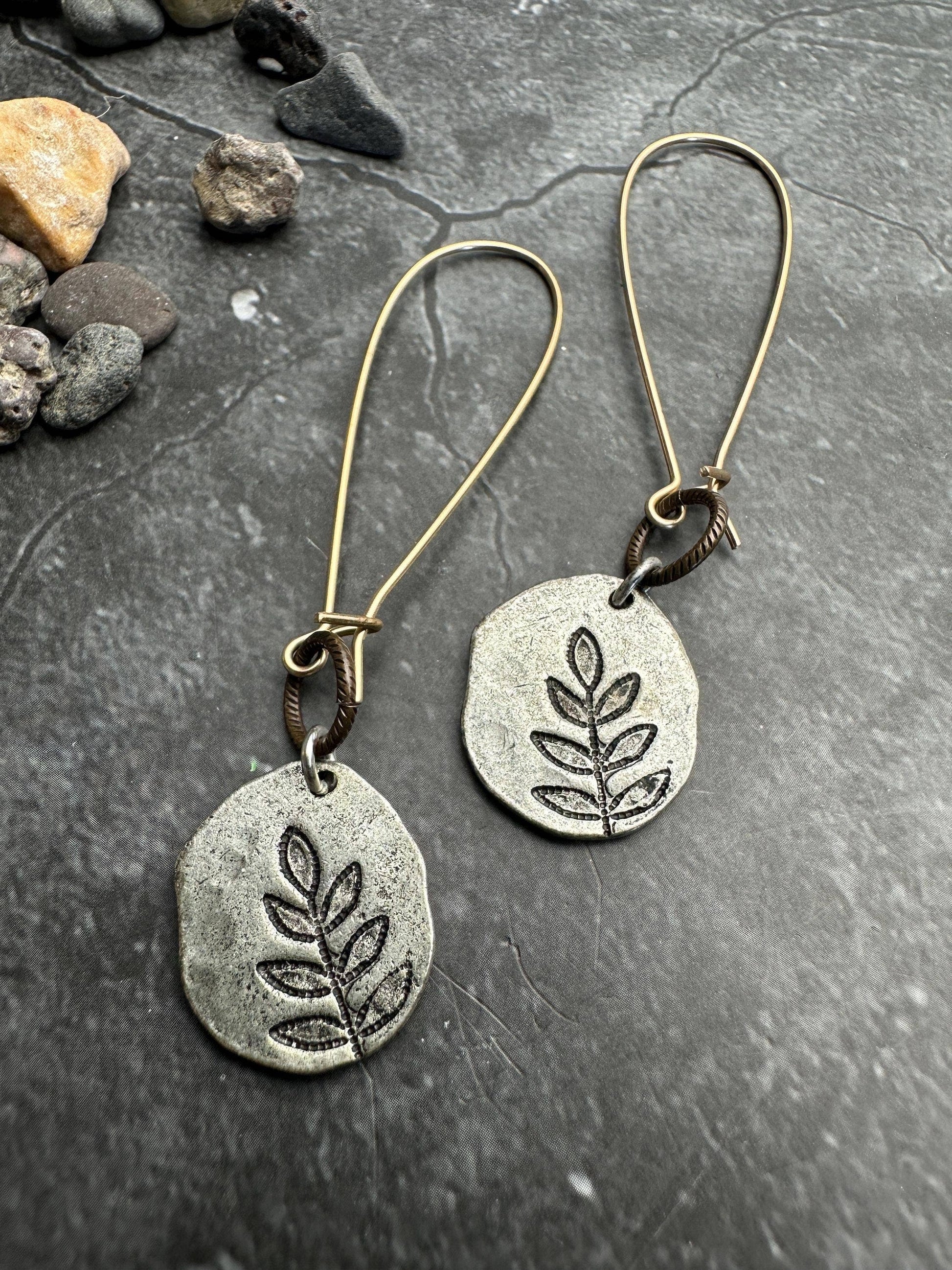 Imprinted Leaf Hammered Silver Organic Shape Earrings