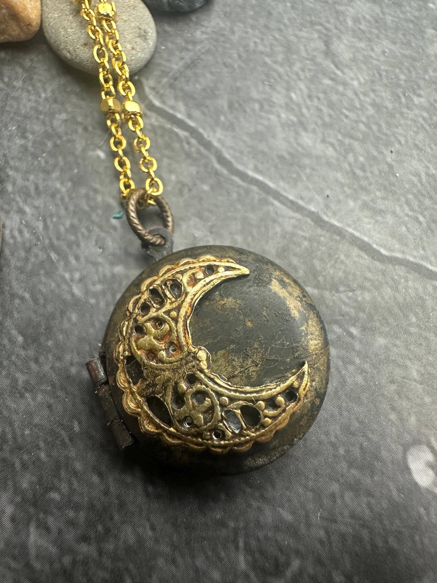 Vintage Brass Crescent Moon Locket Necklace