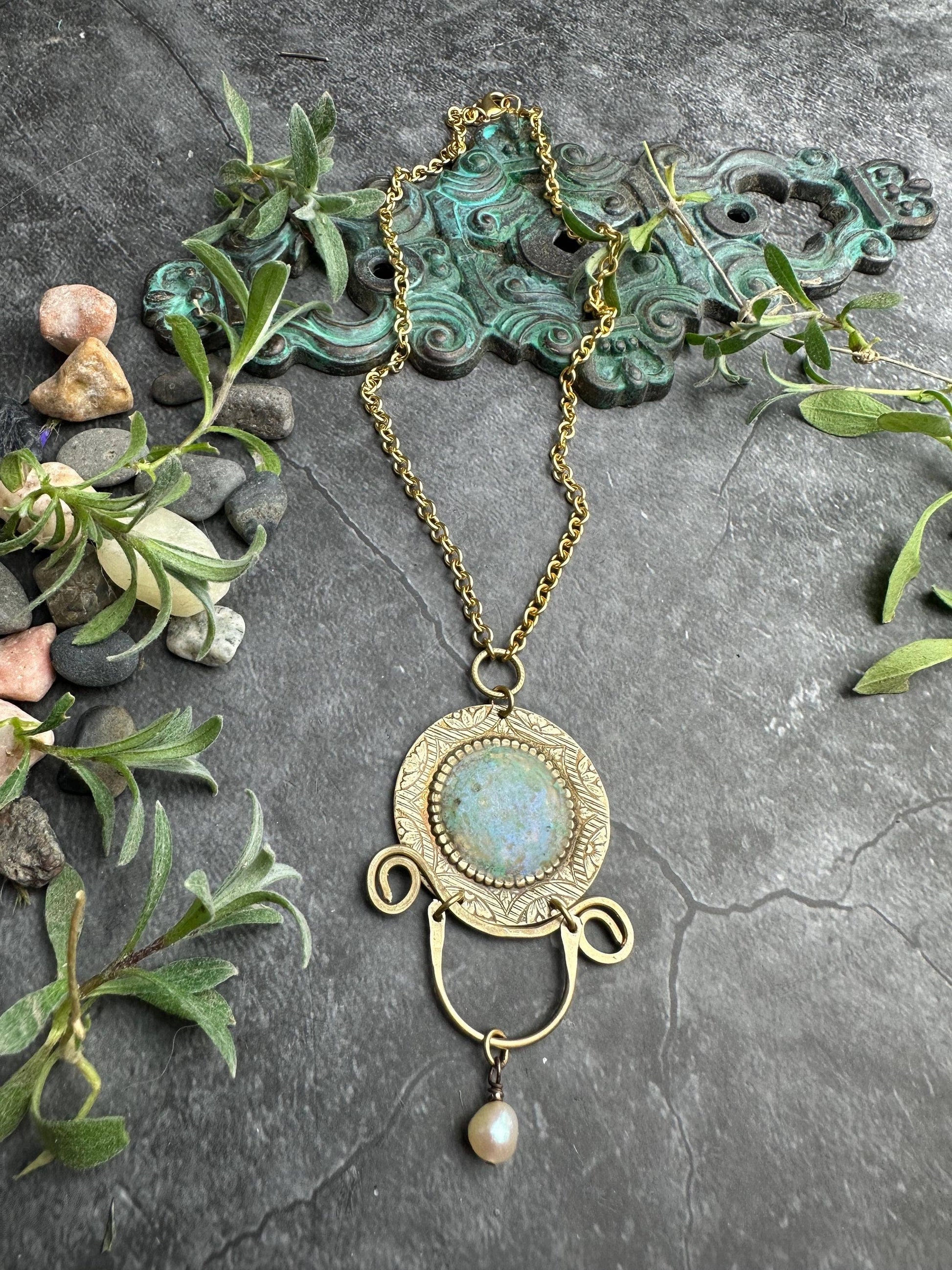 Ancient Inspired Brass Medallion Necklace with Pearl