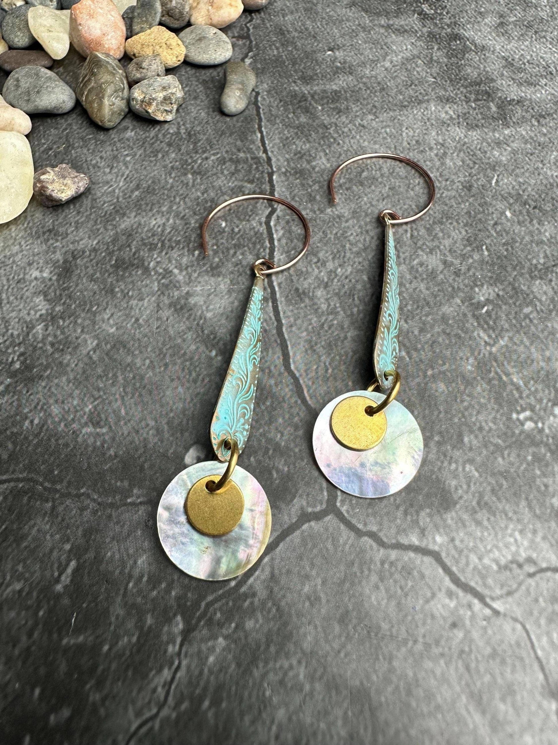 Etched Dangle Swirls Earrings - Solid Brass Mother of Pearl
