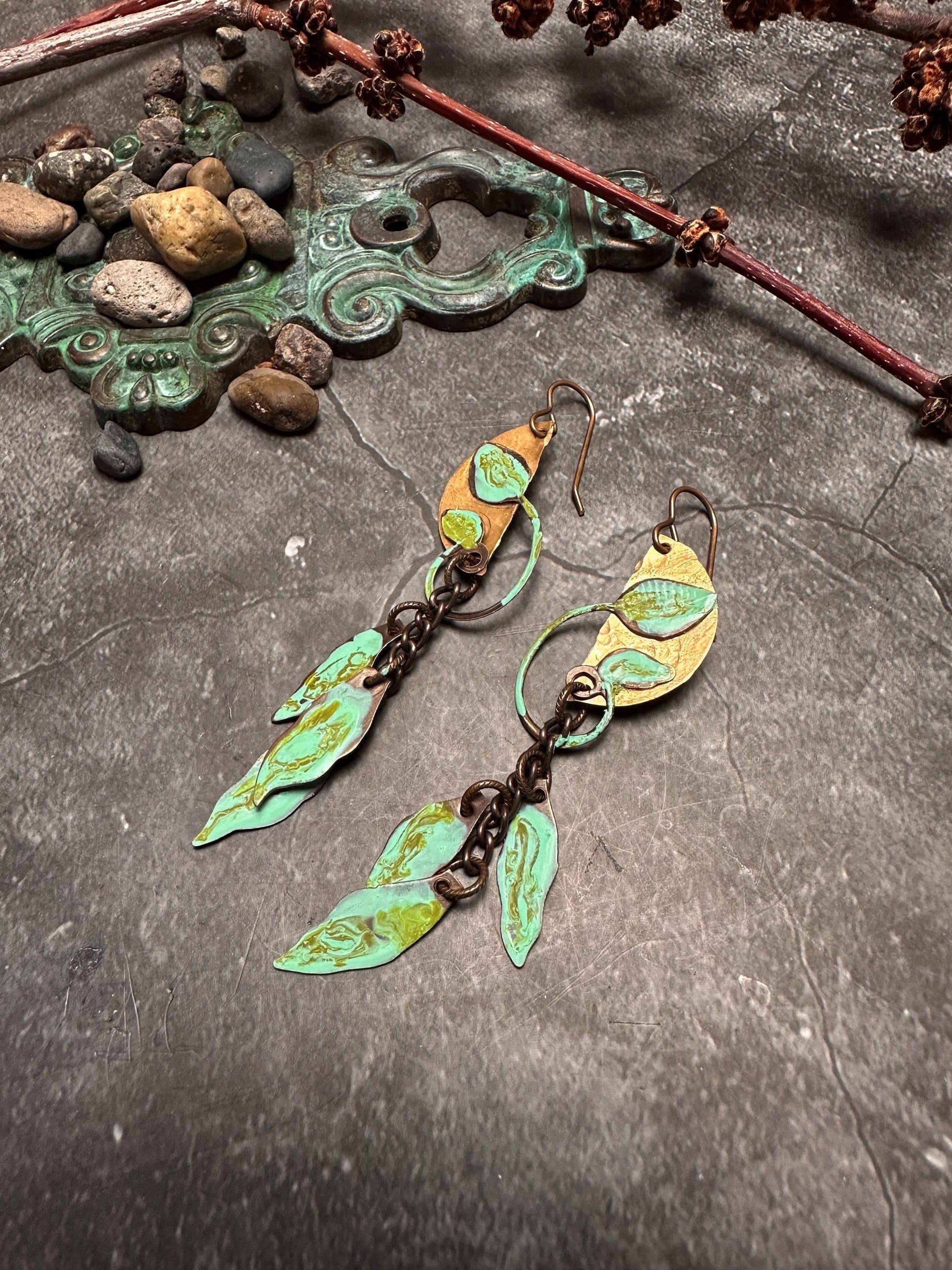 Falling Leaves - Solid Beaten Brass Hand Patina Earrings