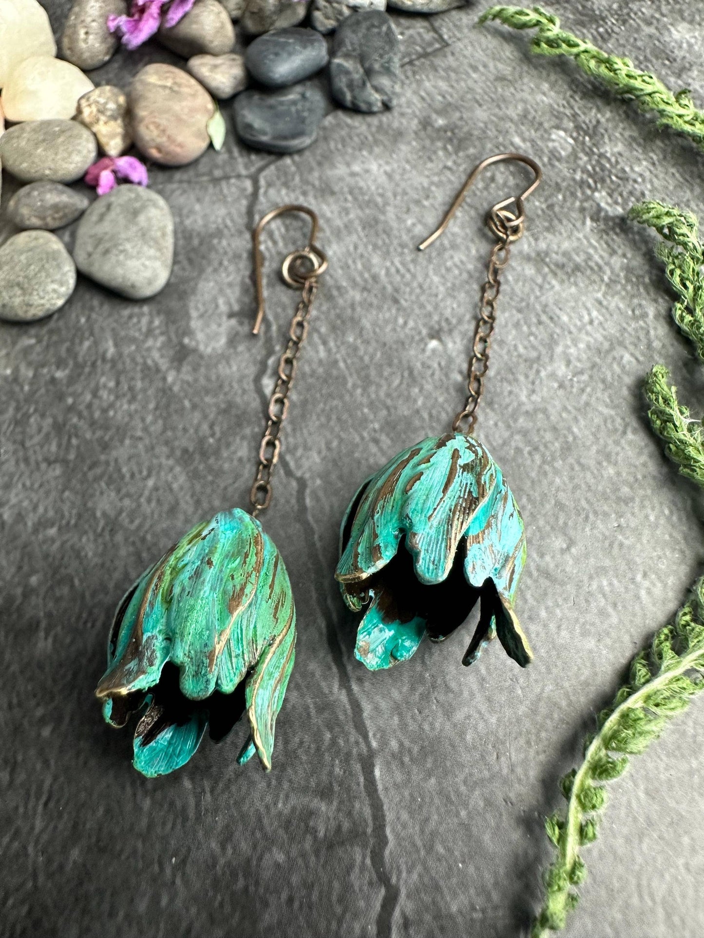 Verdigris Flower Drop Earrings