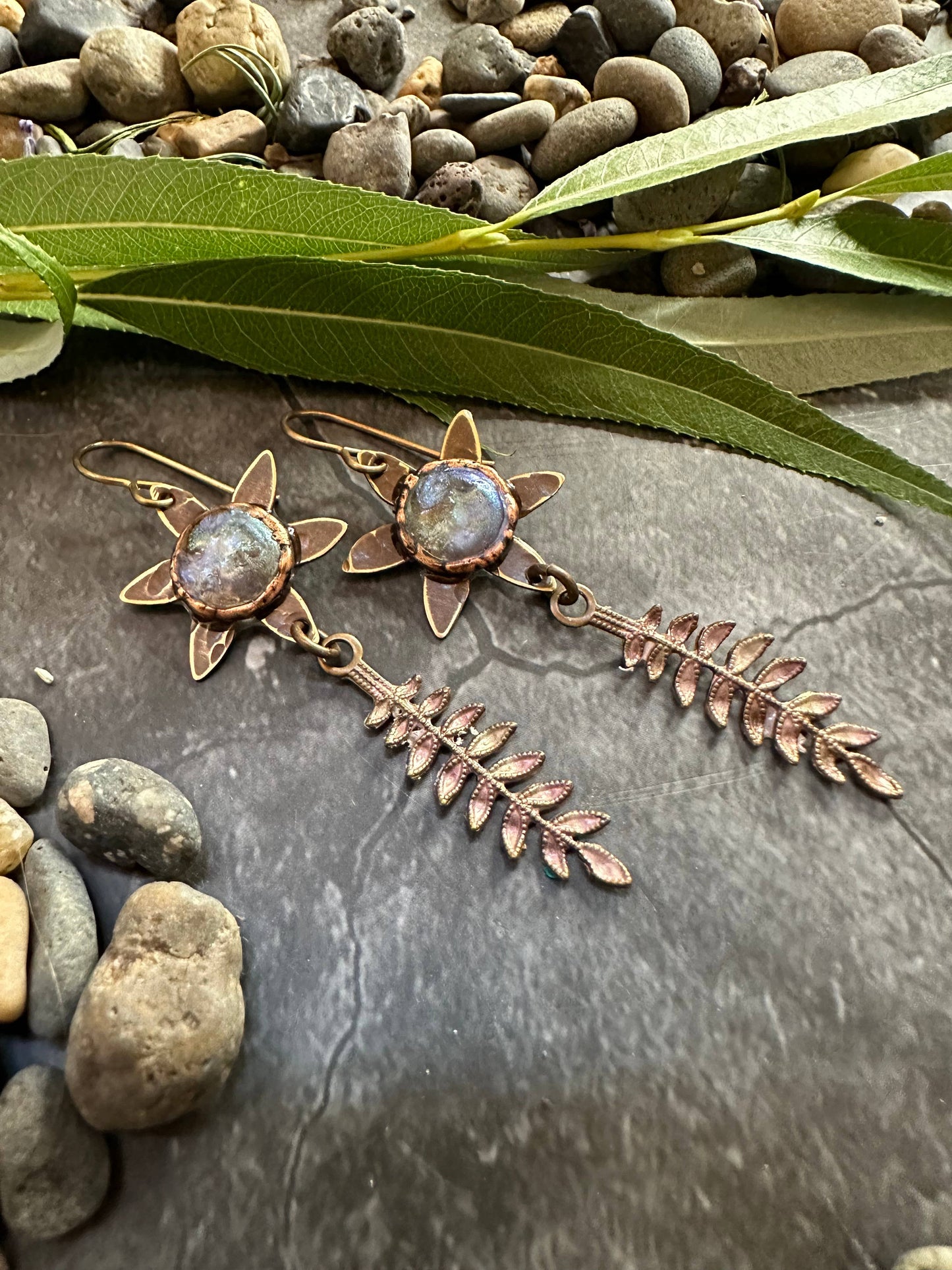 Dewdrop Fern Forest Earrings- Handmade Iridescent Patina
