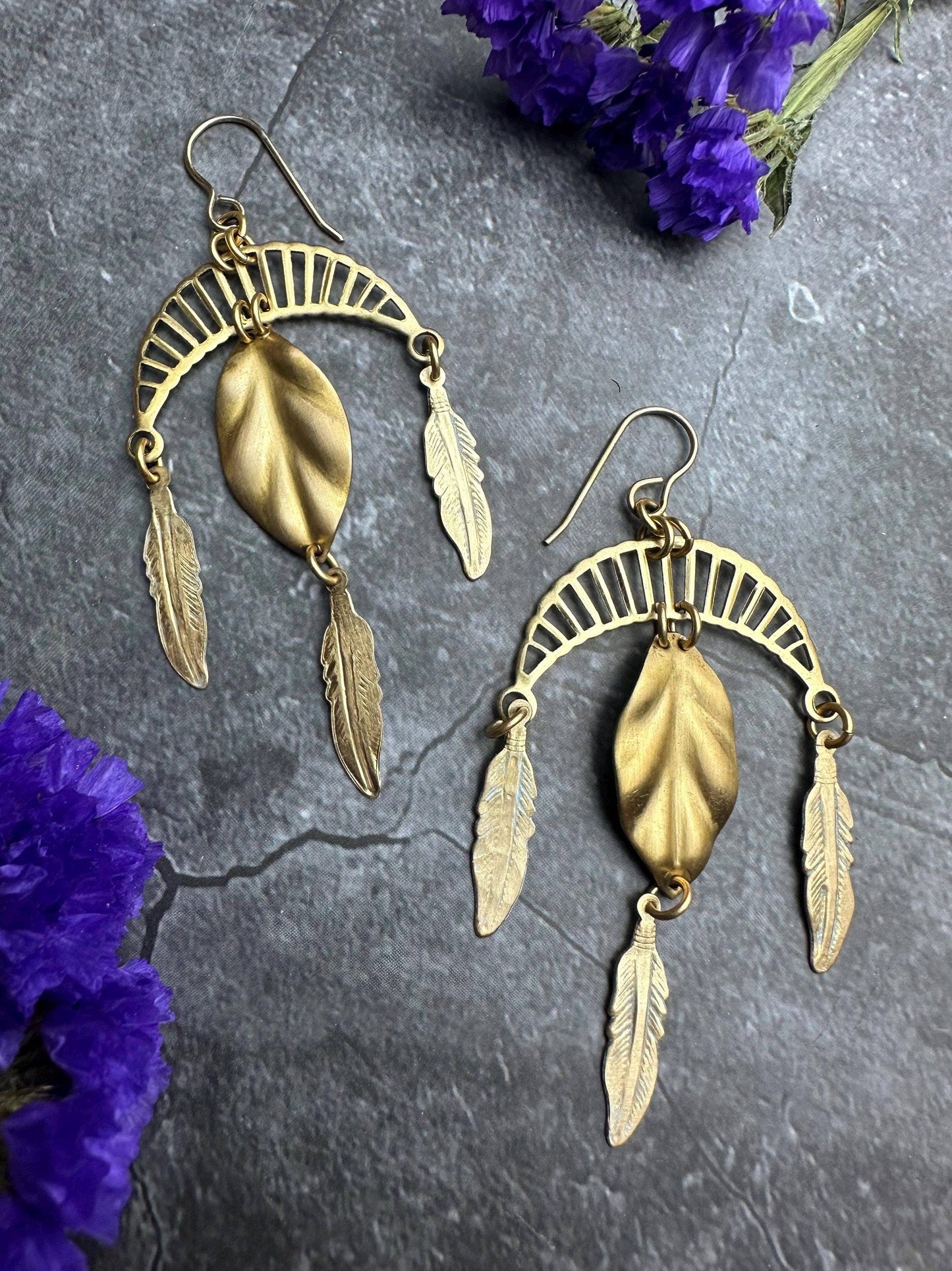 Arching Moon Feather Statement Earrings - Beaten Solid Brass