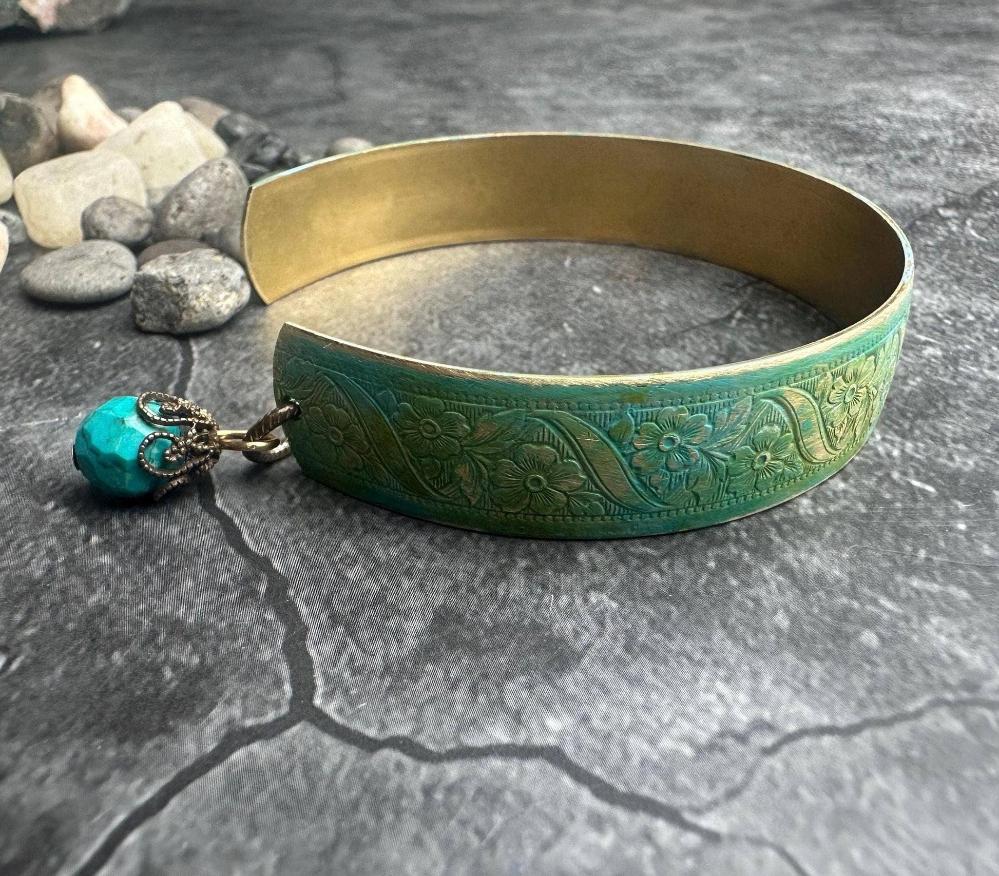 Floral Brass Cuff Bracelet with Blue Green Hand Patina