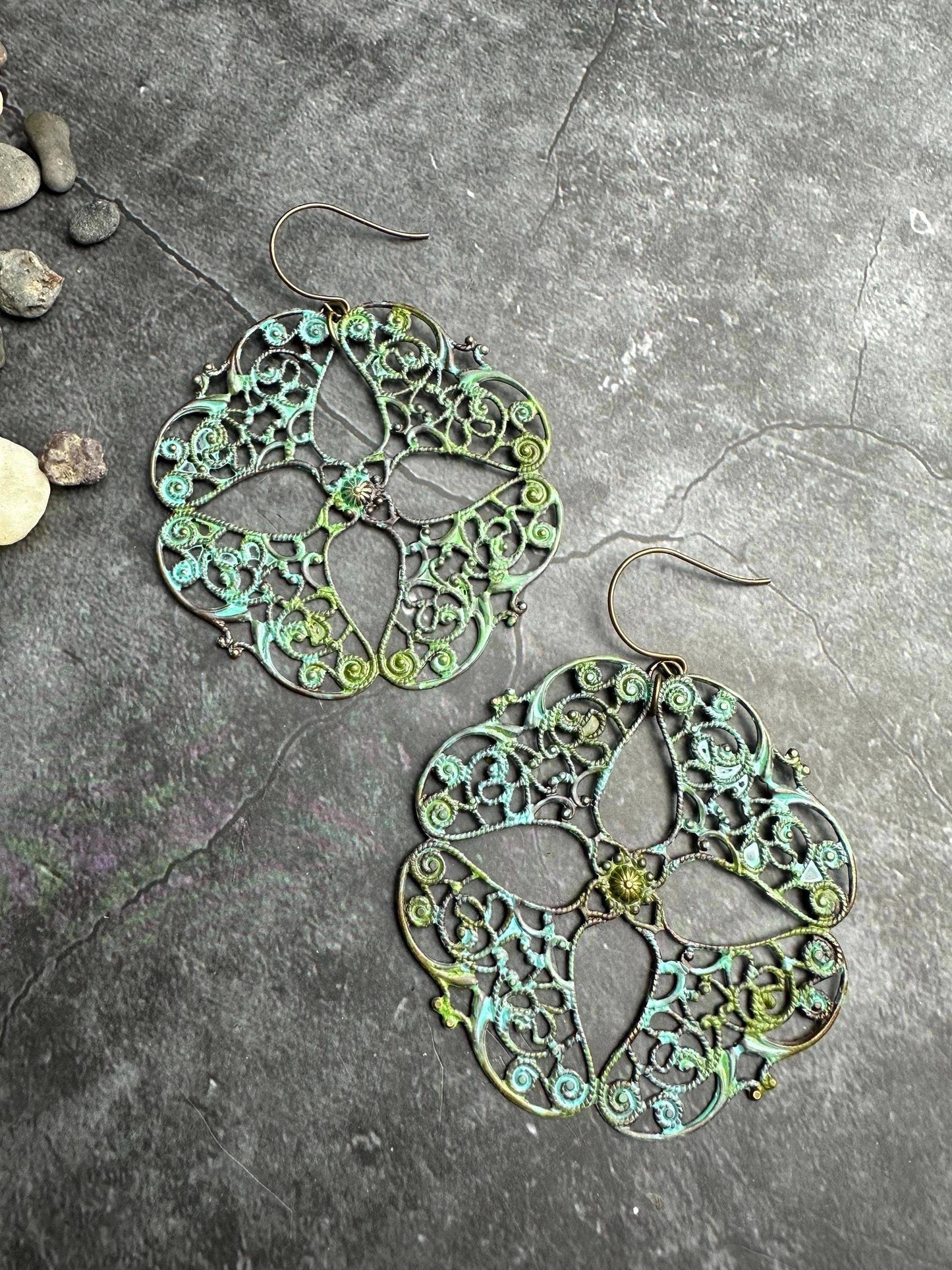 Oversized Filigree Statement Earrings - Patina Brass