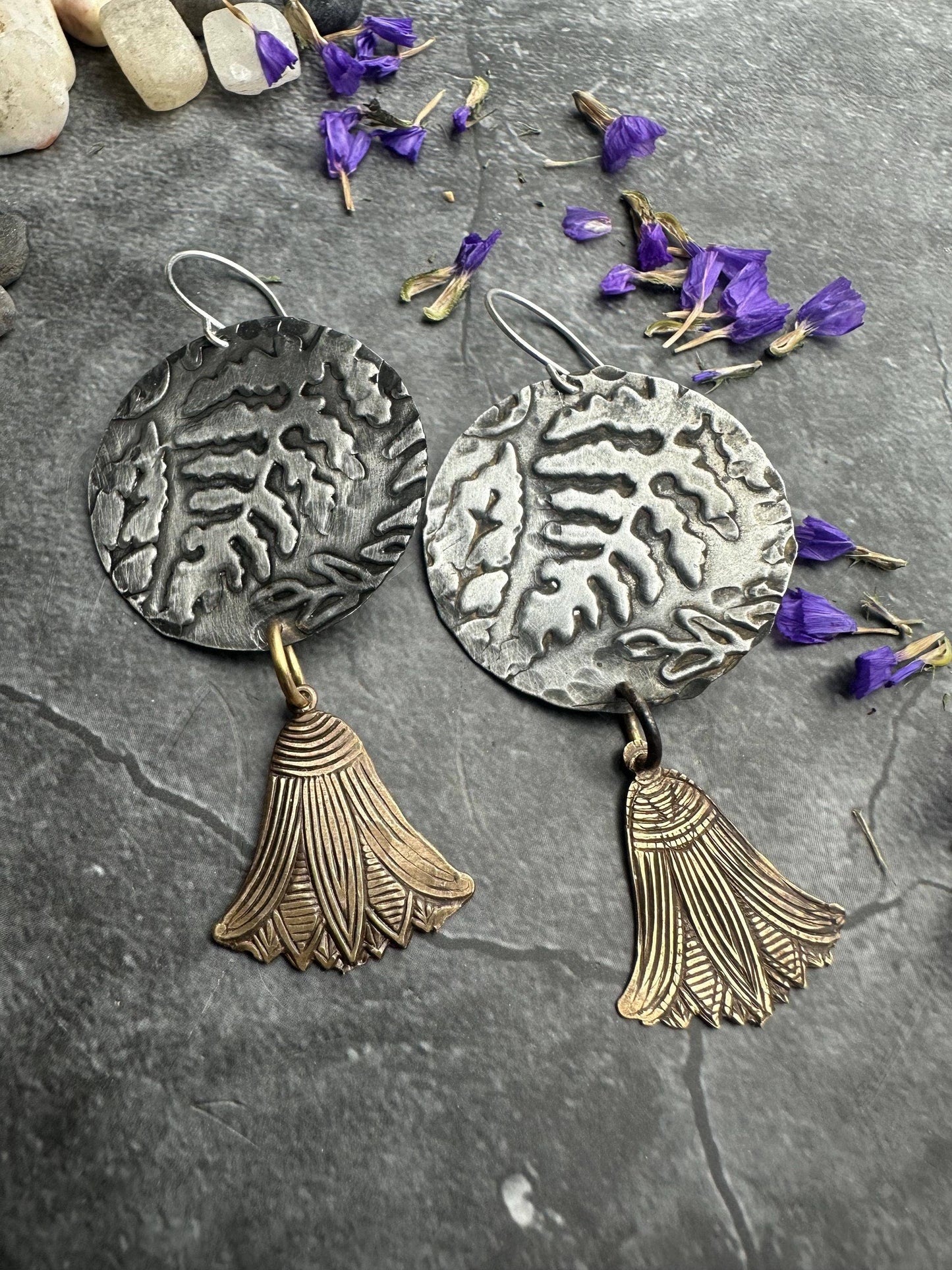 Embossed Fern Pewter Disc Earrings with Brass Drops