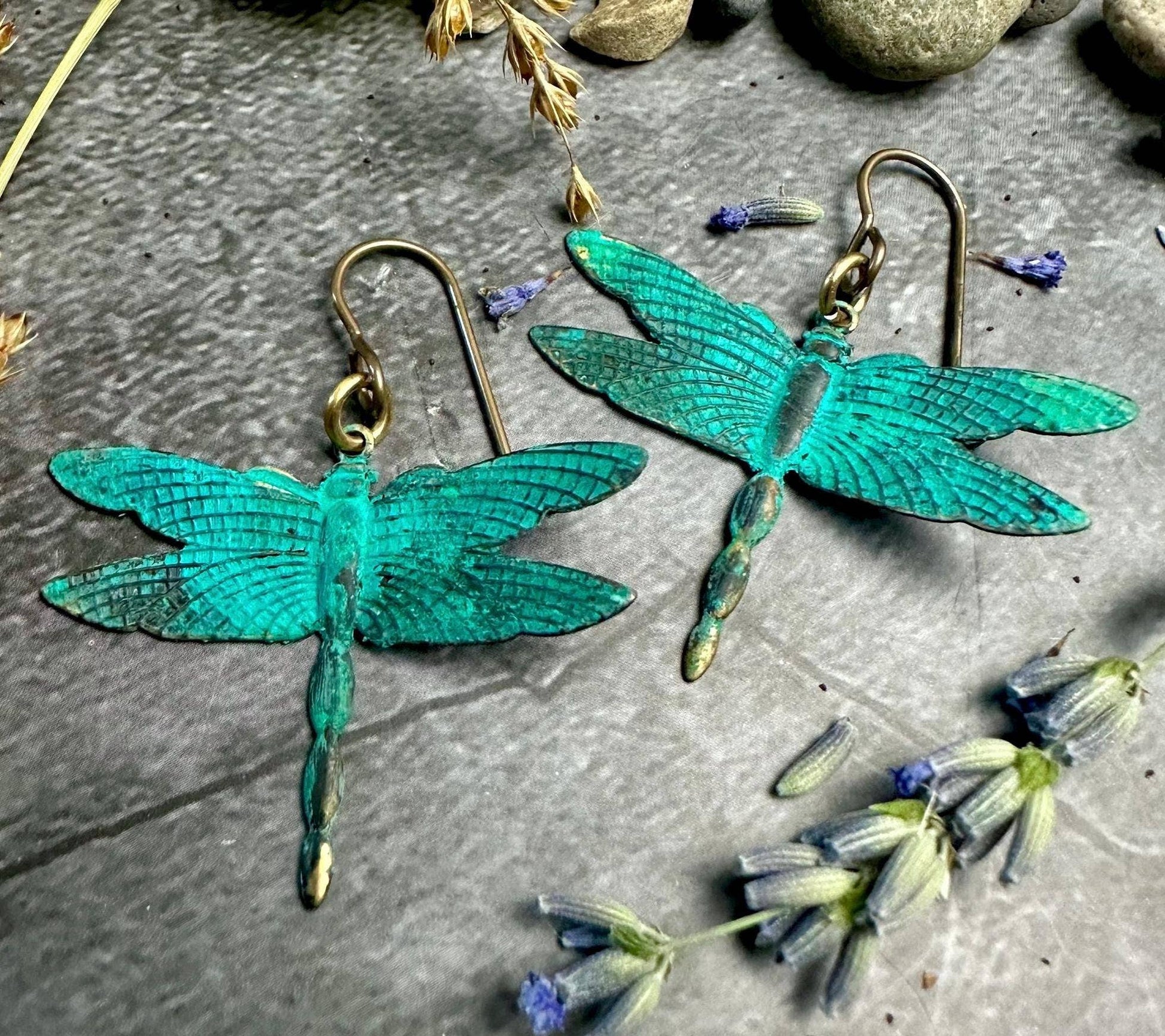 Fluttering Dragonfly Earrings - Solid Brass w Green Patina