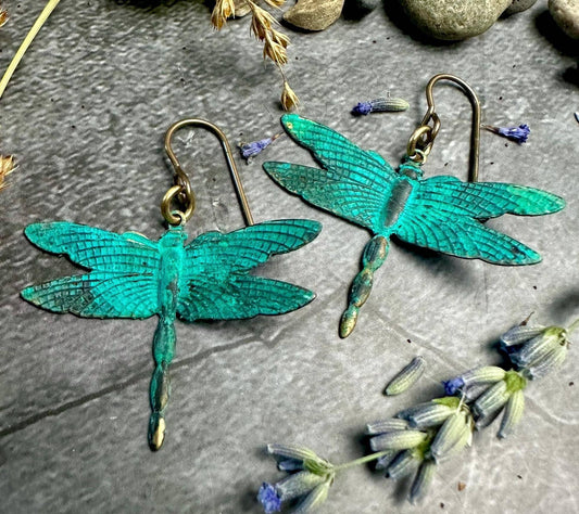Fluttering Dragonfly Earrings - Solid Brass w Green Patina