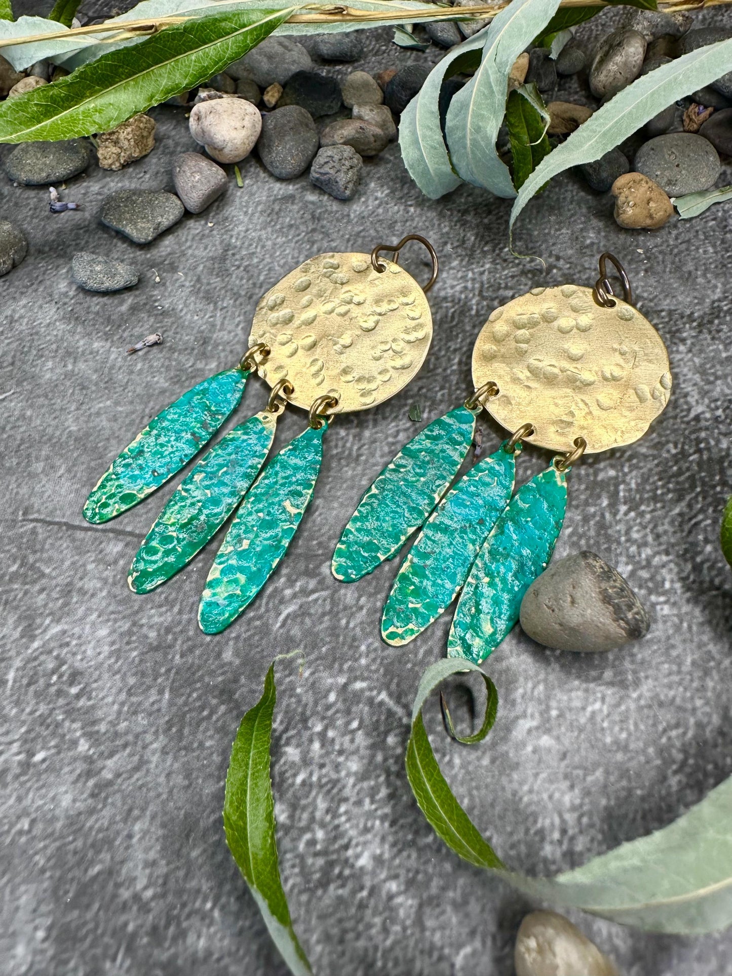 Rain Goddess Earrings - Handmade Solid Beaten Brass Hand Patina