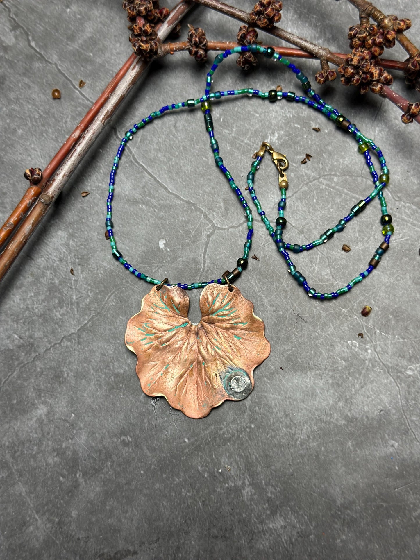 Waterlily Necklace - Handmade Beaded Soldered Brass Hand Patina Finish