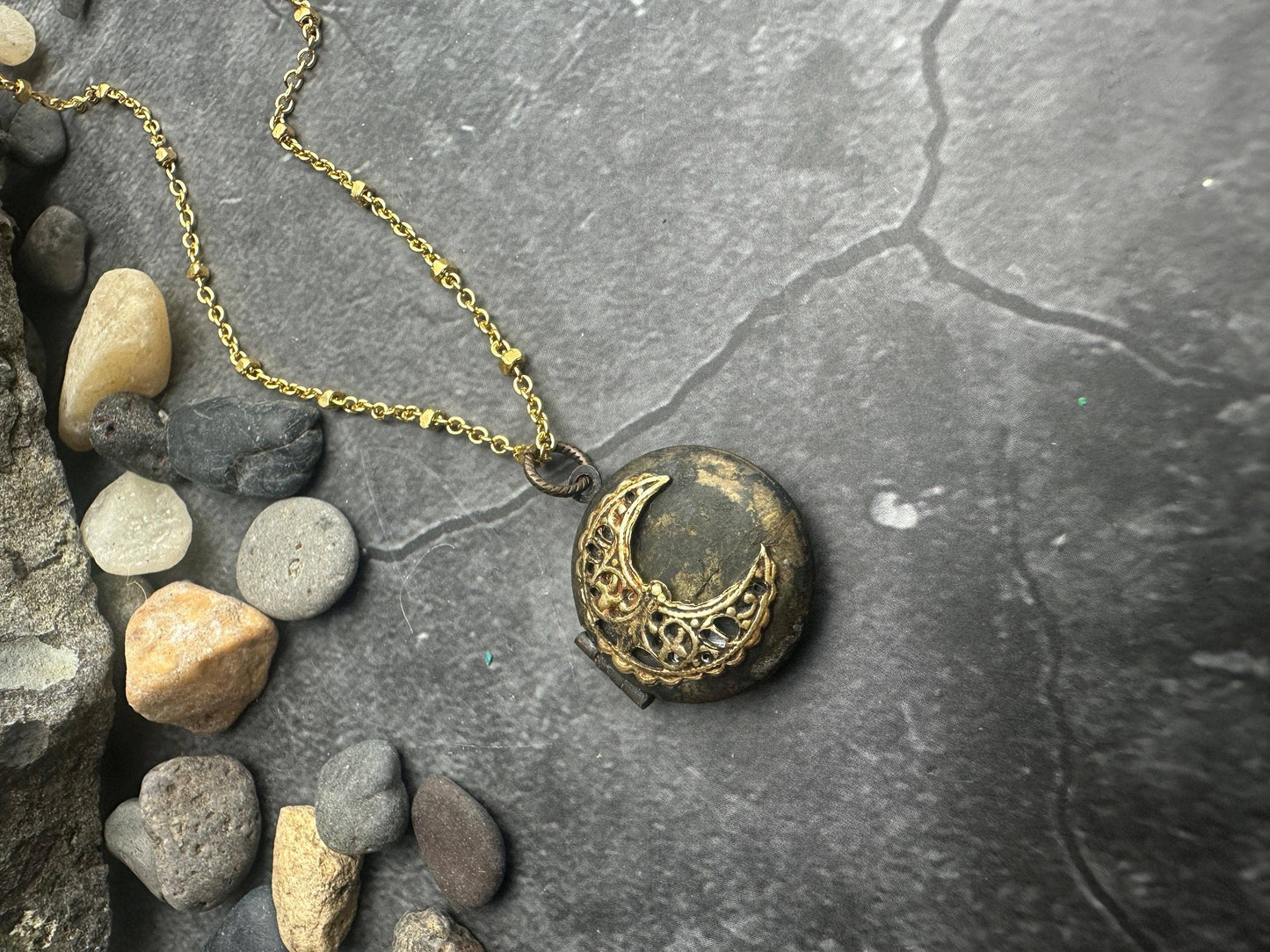 Vintage Brass Crescent Moon Locket Necklace