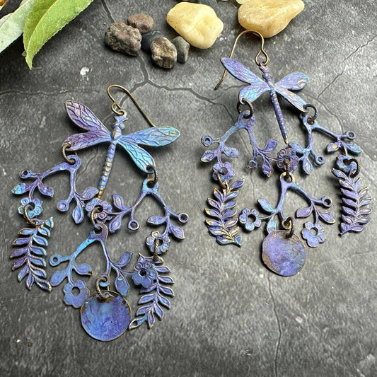 Meadow Earrings- Handmade Beaten Solid Brass- purple Patina