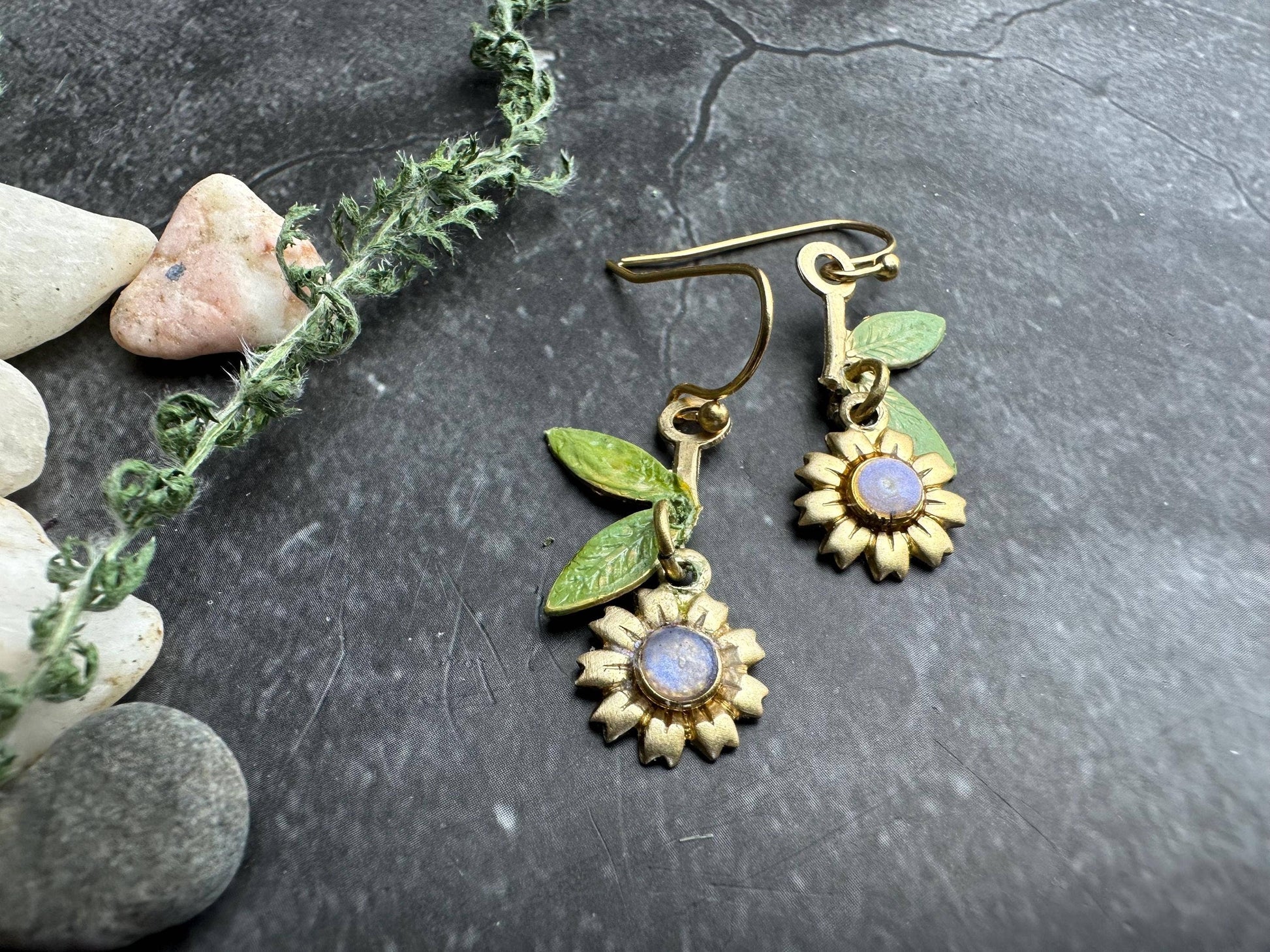 Sunflower Dangle Earrings, Botanical Floral , Brass Drop, Na