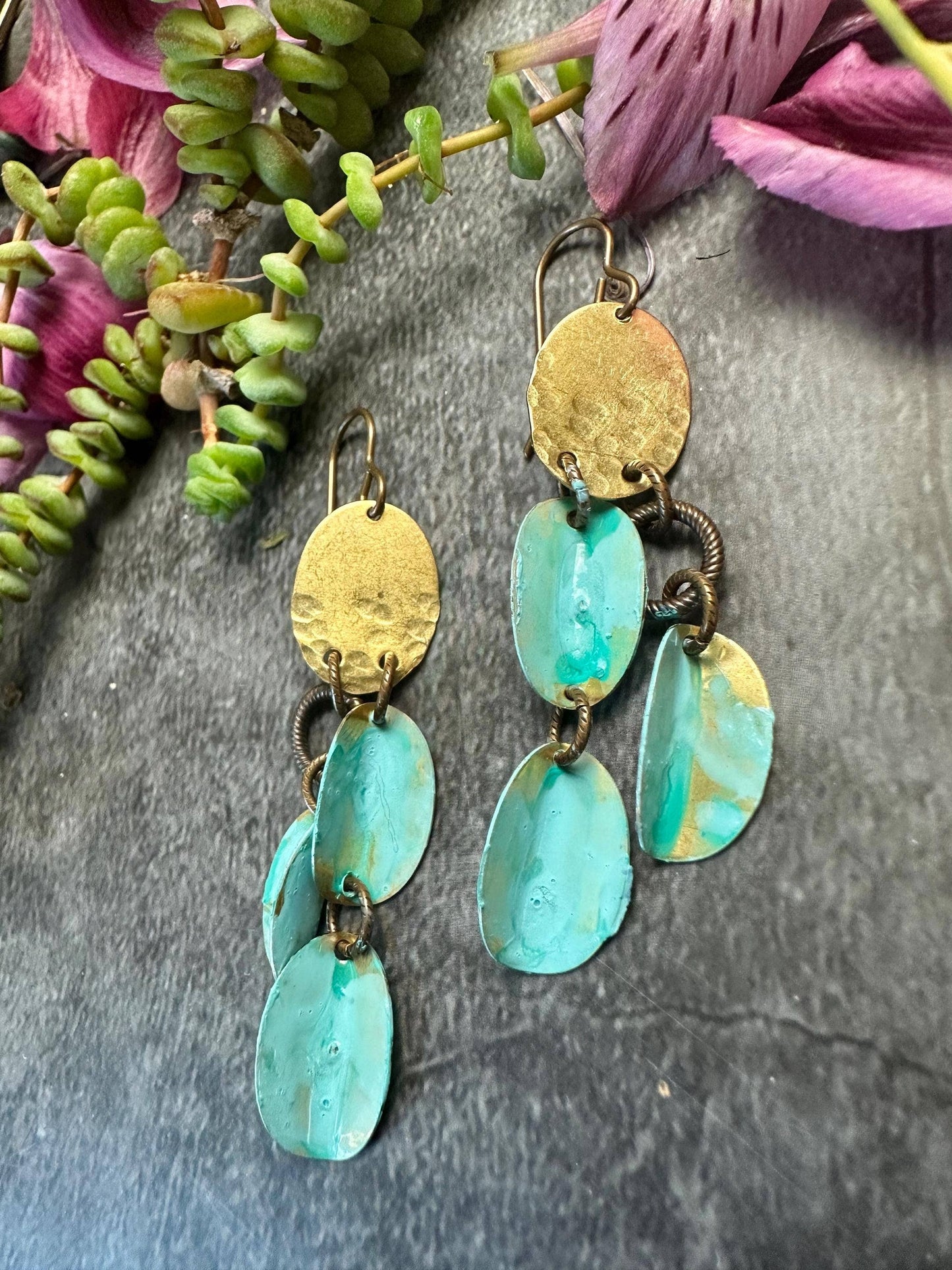 Falling Petals Earrings- Solid Beaten Brass Hand Patina