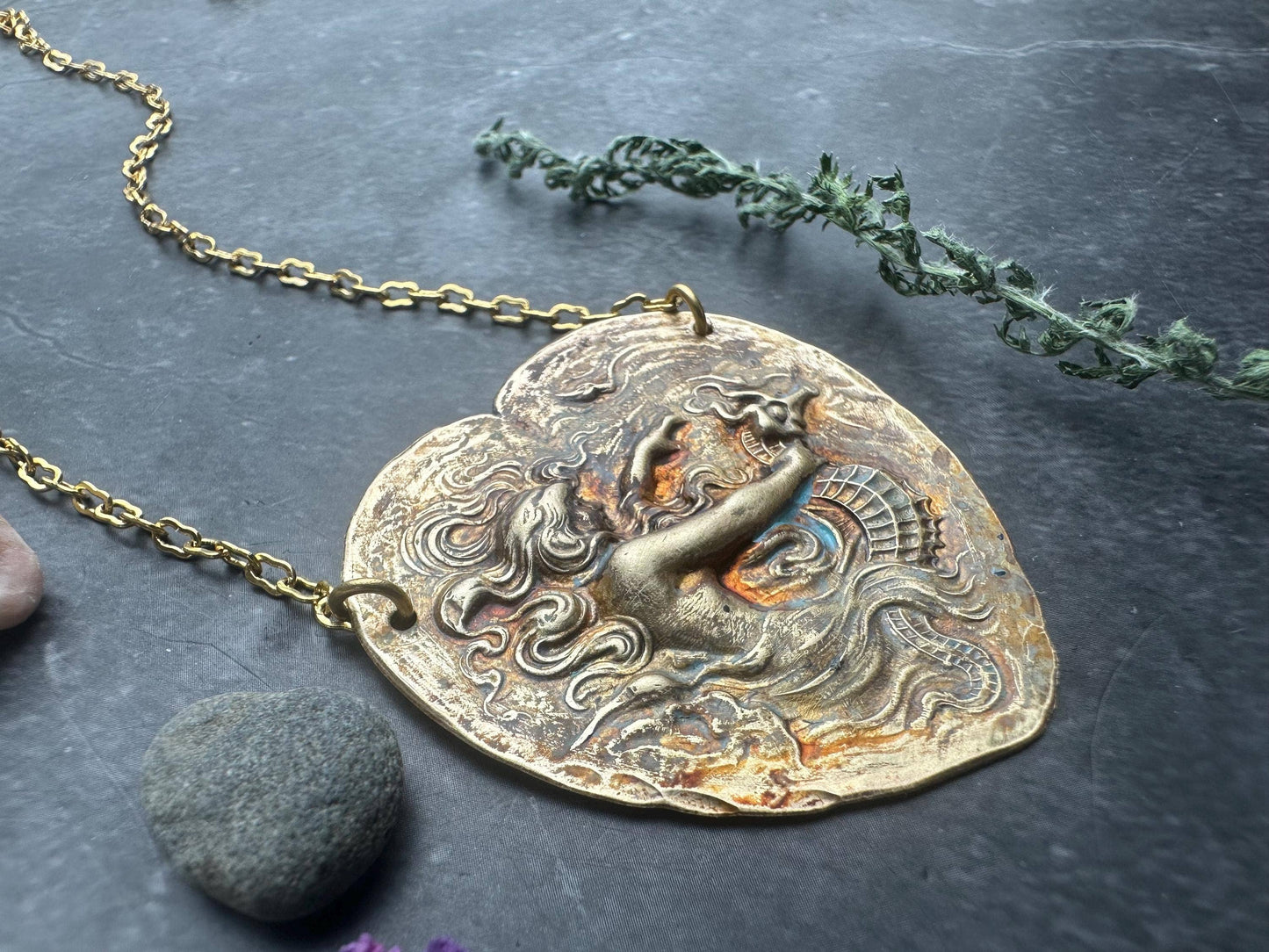 Art Nouveau Mermaid Necklace, Patina Brass Pendant, Ocean In