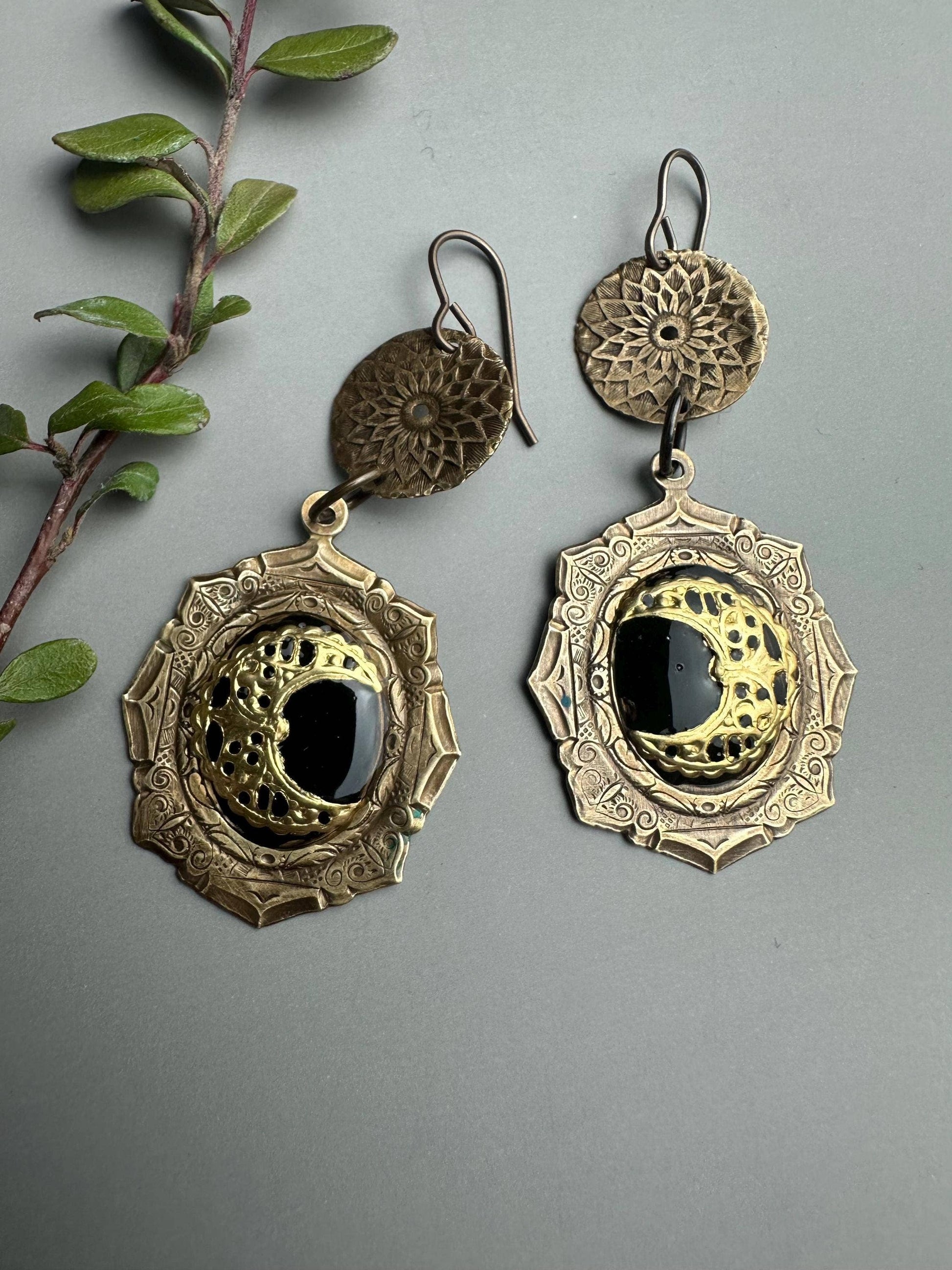 Ornate Crescent Moon Earrings with Black Resin