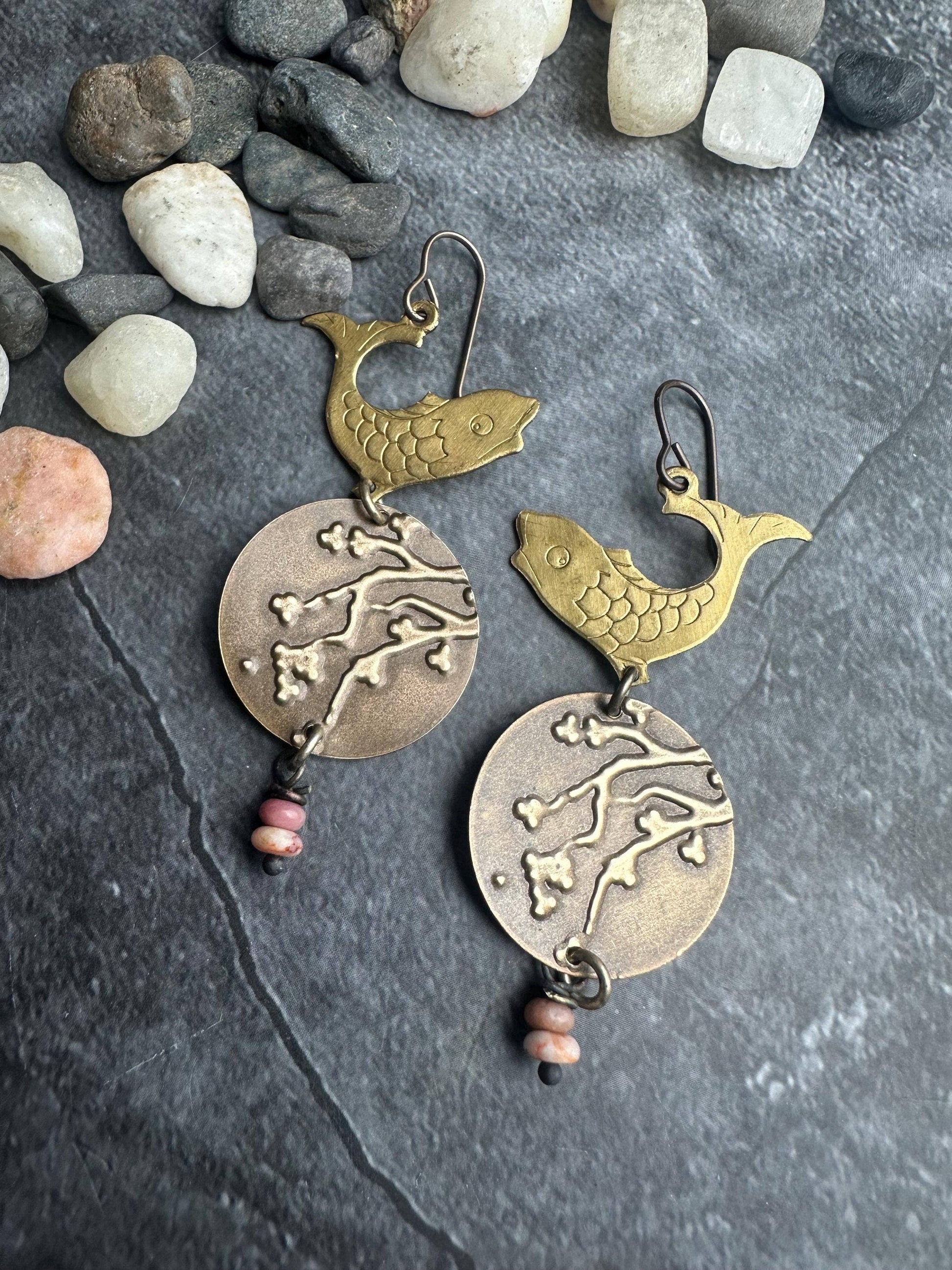 Koi Fish Cherry Blossom Earrings with Strawberry Quartz
