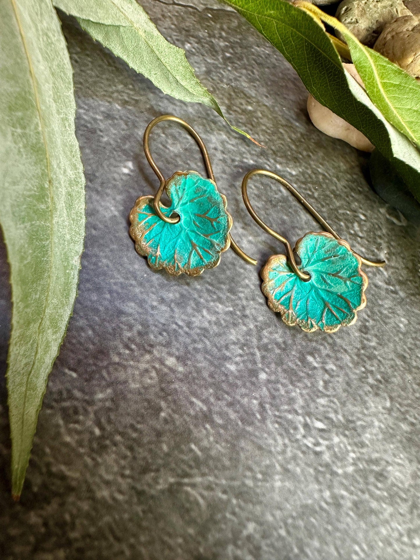 Lily Pad Leaf Earrings - Brass with Tiffany Green Patina