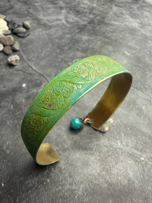 Floral Brass Cuff Bracelet with Blue Green Hand Patina