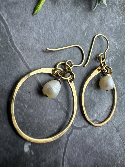 Freshwater Pearl Hoop Earrings - Brass Hoops