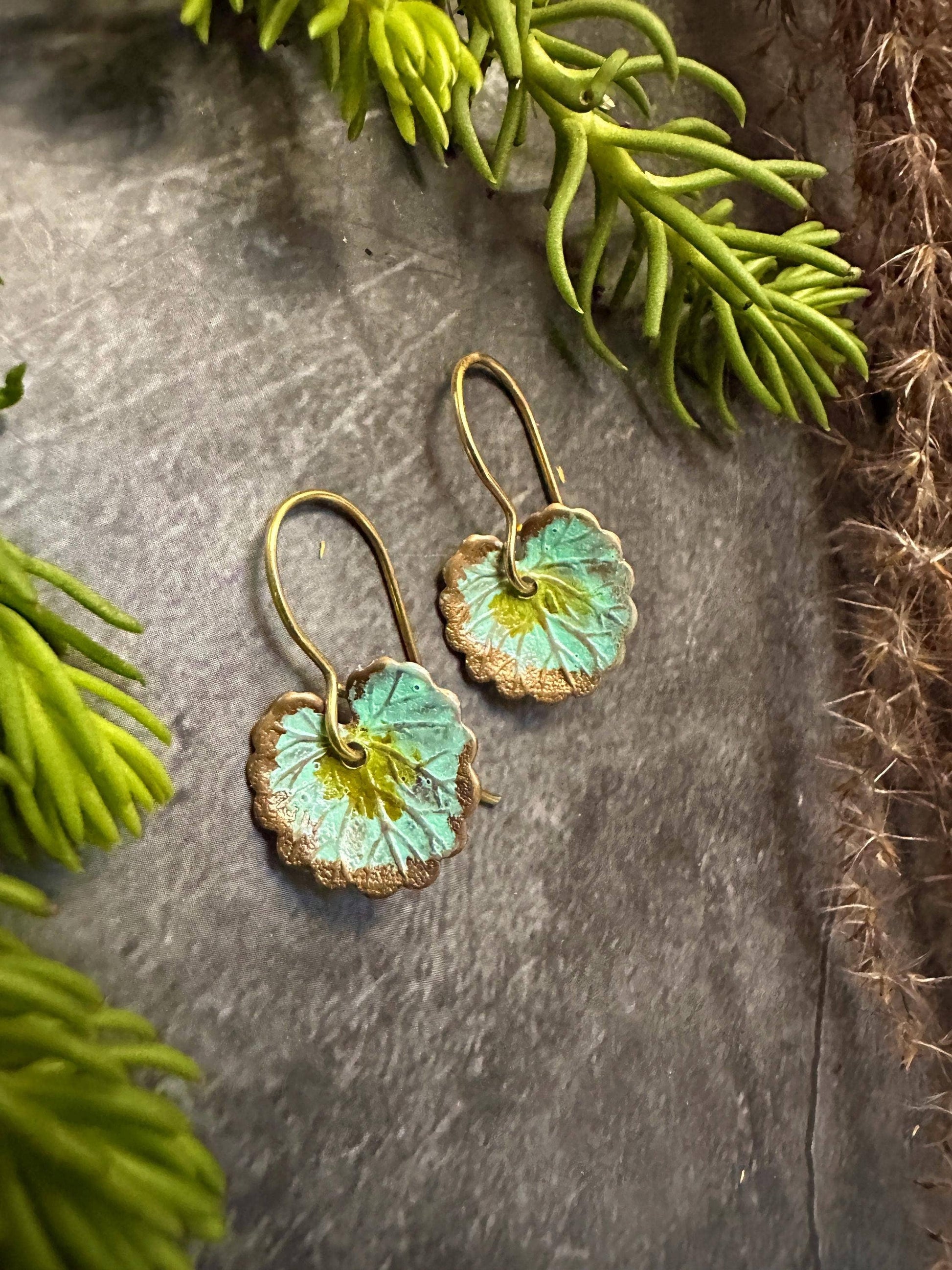 Lily Pad Leaf Earrings - Handcrafted Brass with Green Patina