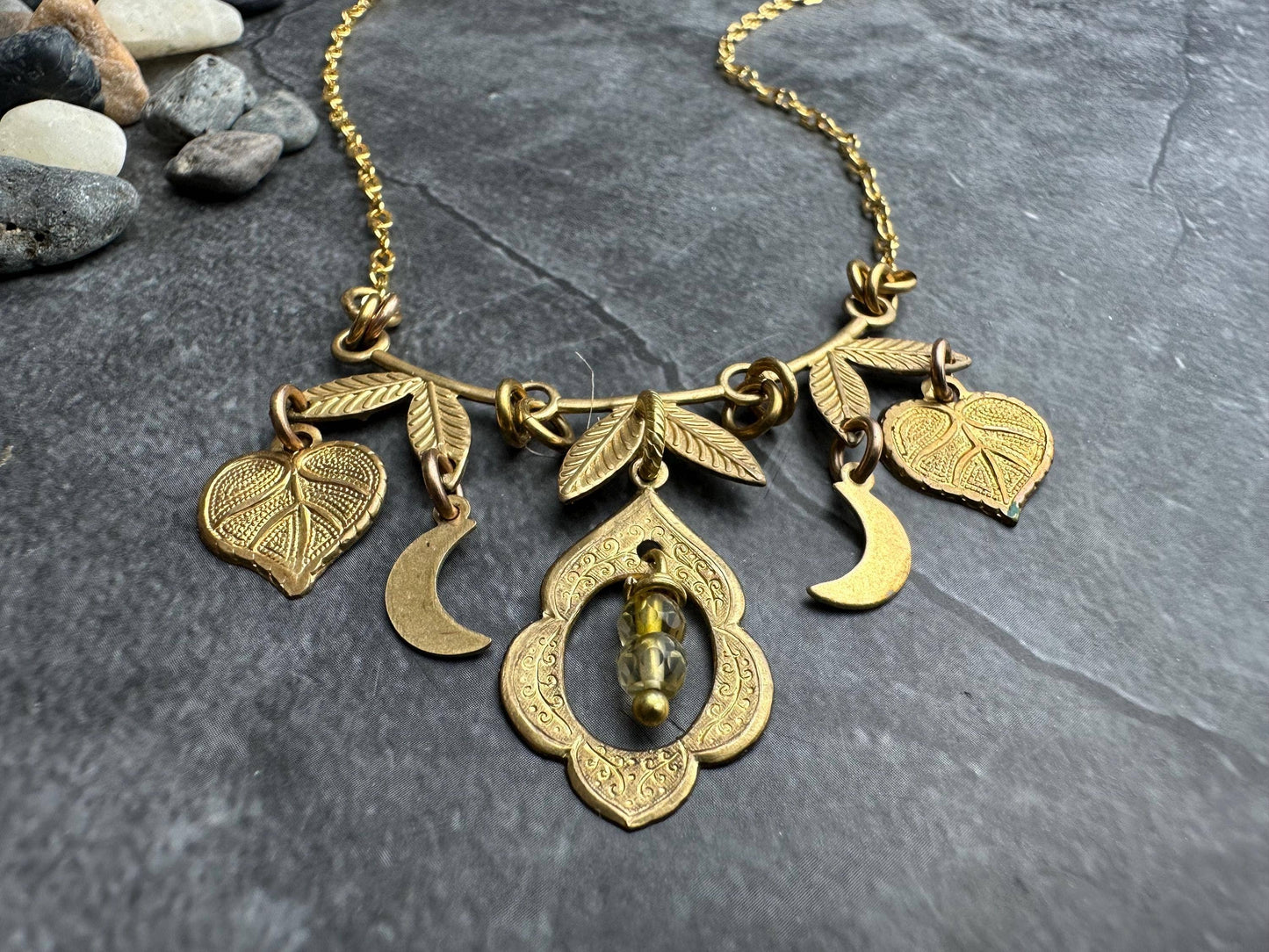 Brass & Citrine Charm Cluster Necklace