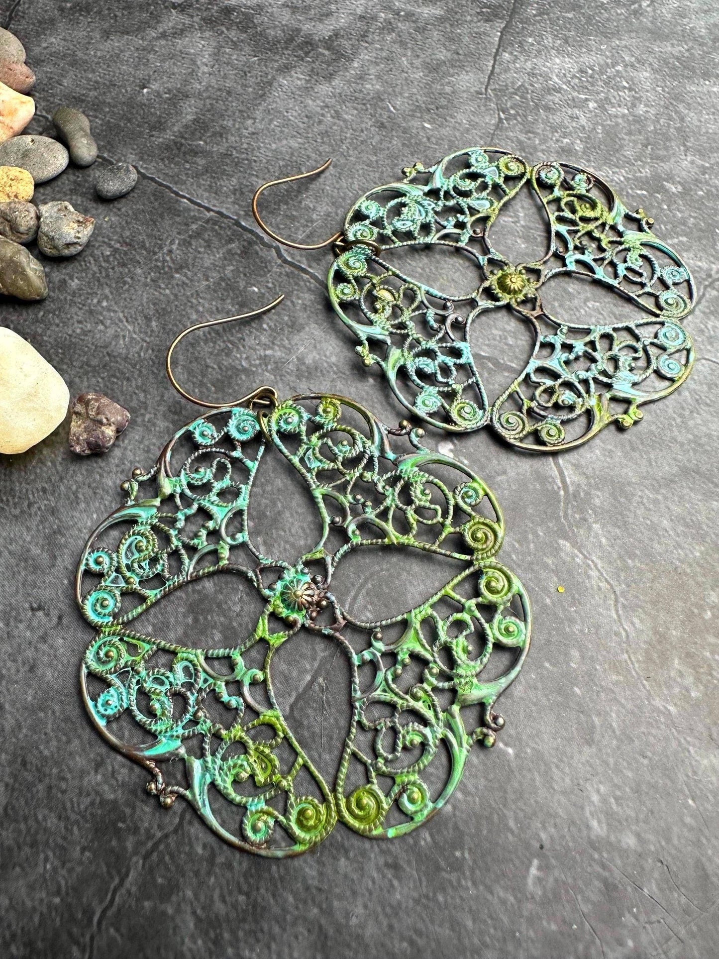 Oversized Filigree Statement Earrings - Patina Brass