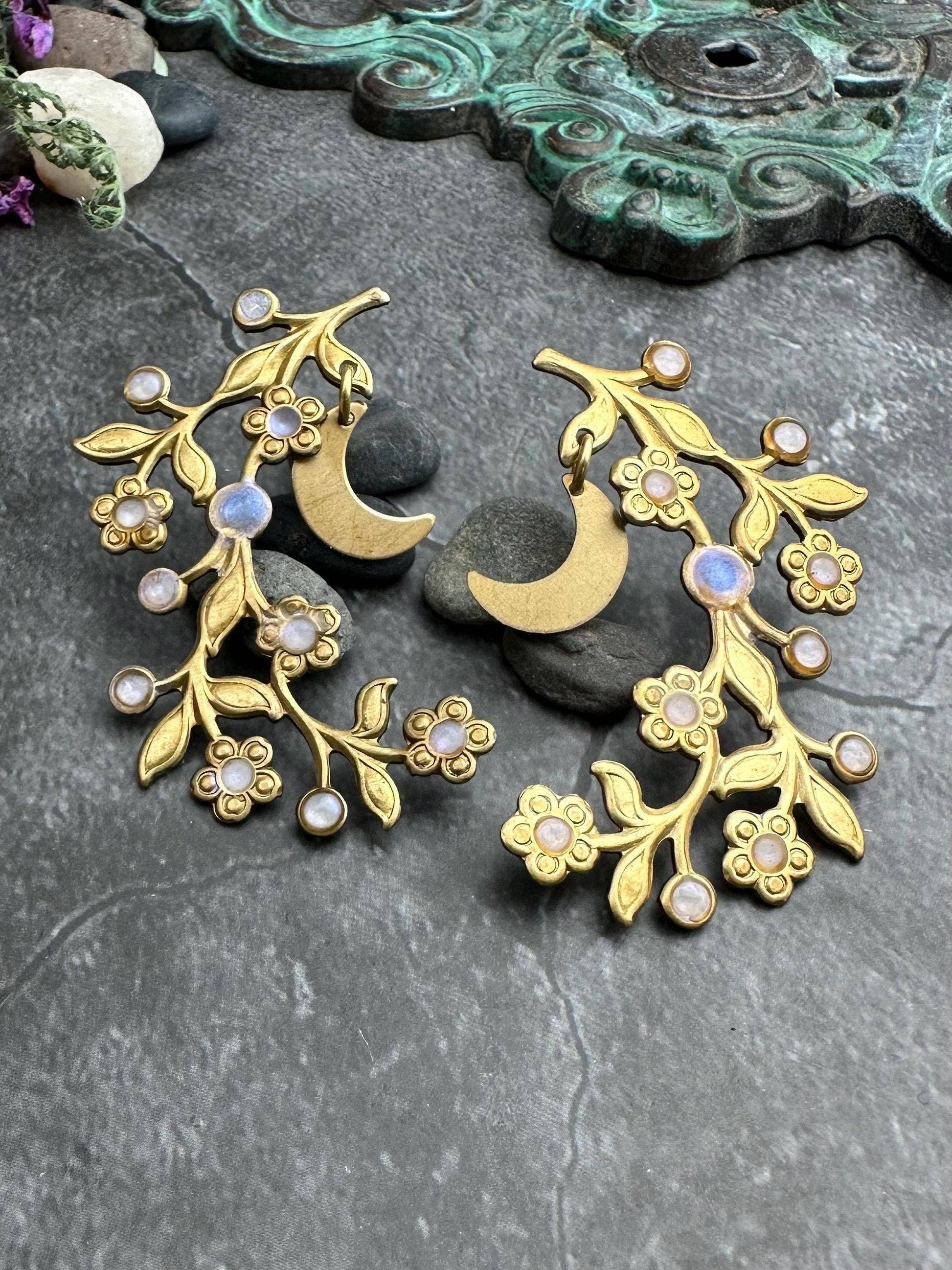 Botanical Branch Crescent Earrings, Iridescent Resin Detail
