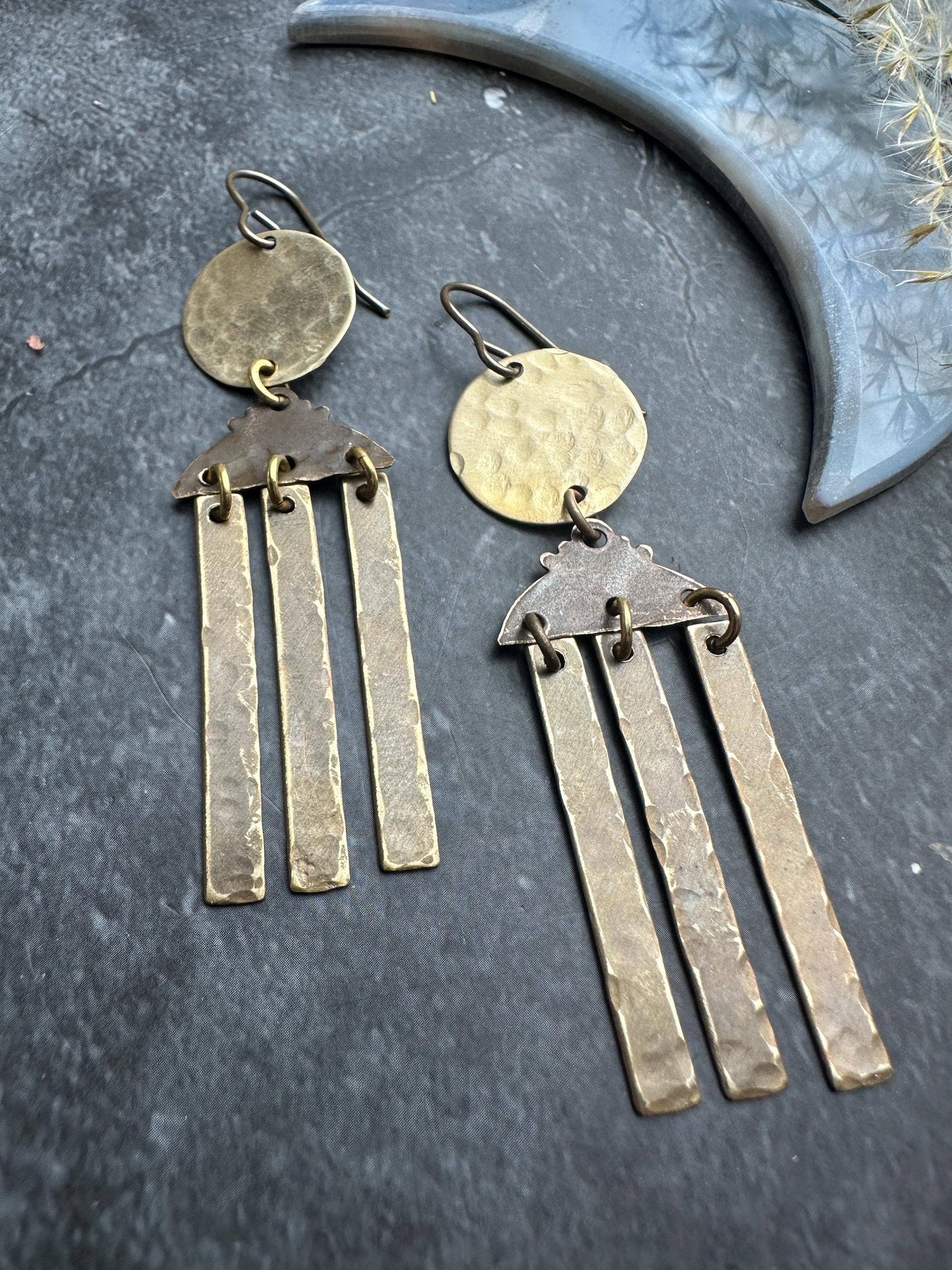 Rising Sun chandelier - Handmade Solid Beaten Brass Earrings