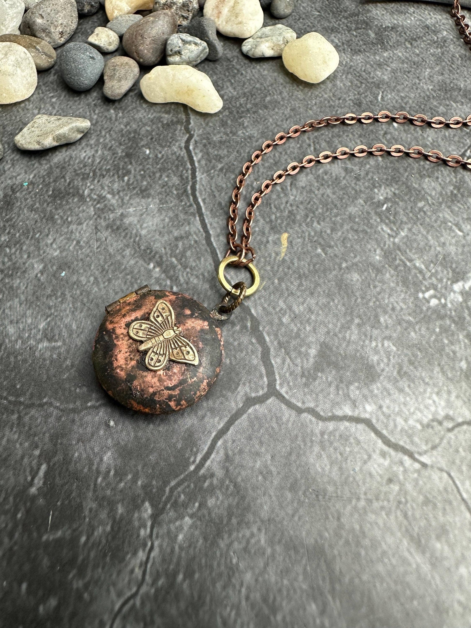 Vintage Brass Oxodized Butterfly Locket Necklace