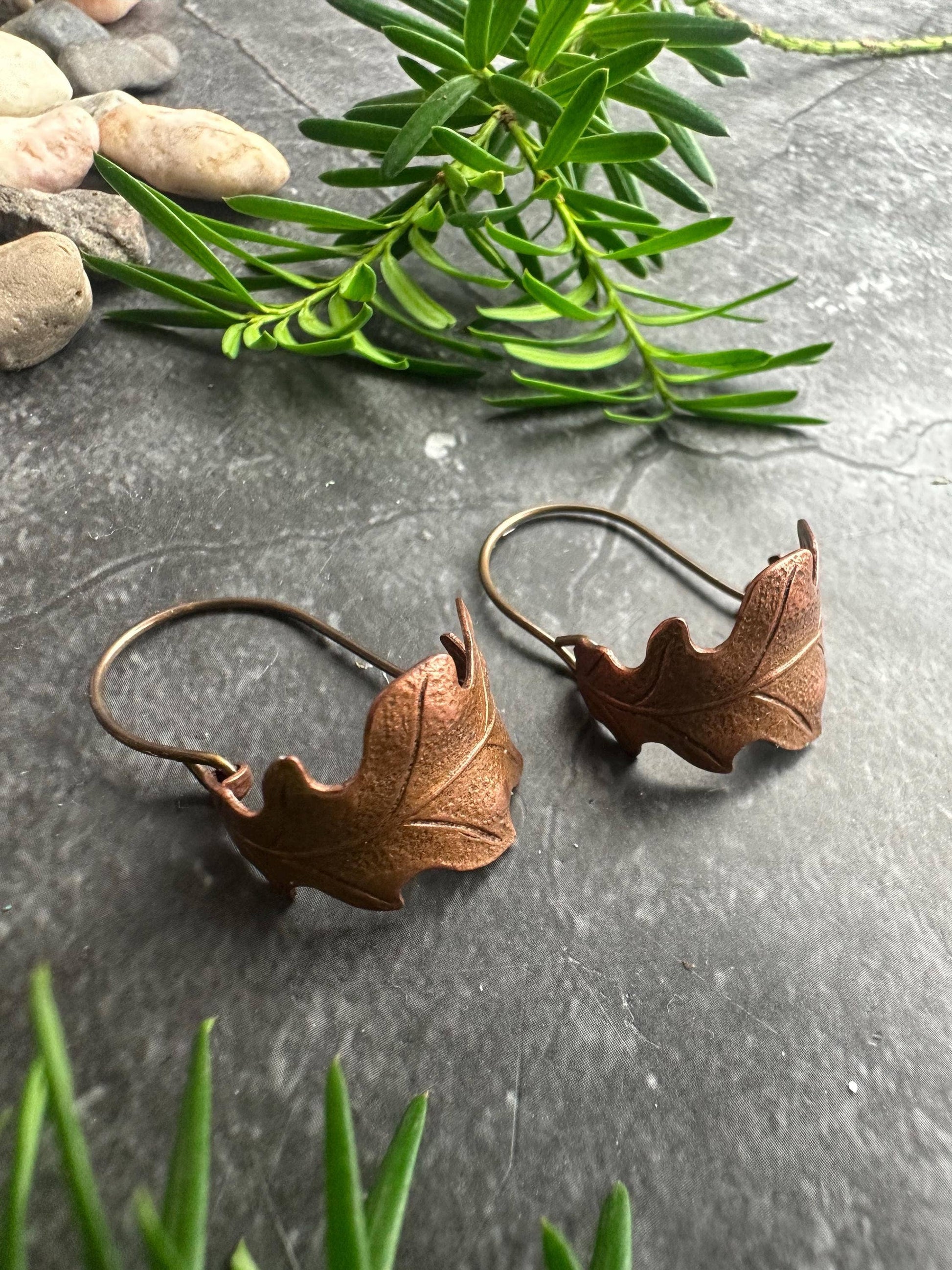 Oak Leaf Mini Hoop Earrings - Hand formed Copper