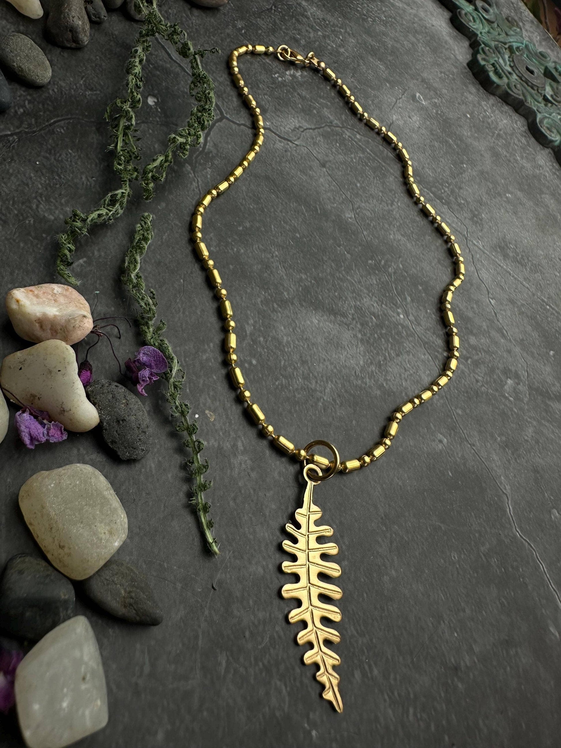 Fern Leaf Necklace Brass Pendant, Botanical , Woodland Style