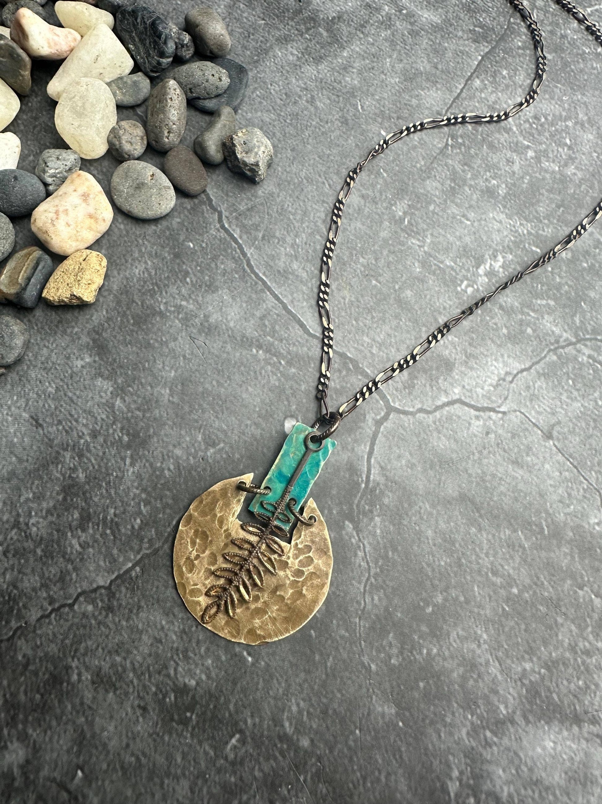 Geometric Fern Necklace - Hand shaped & Hammered Solid Brass