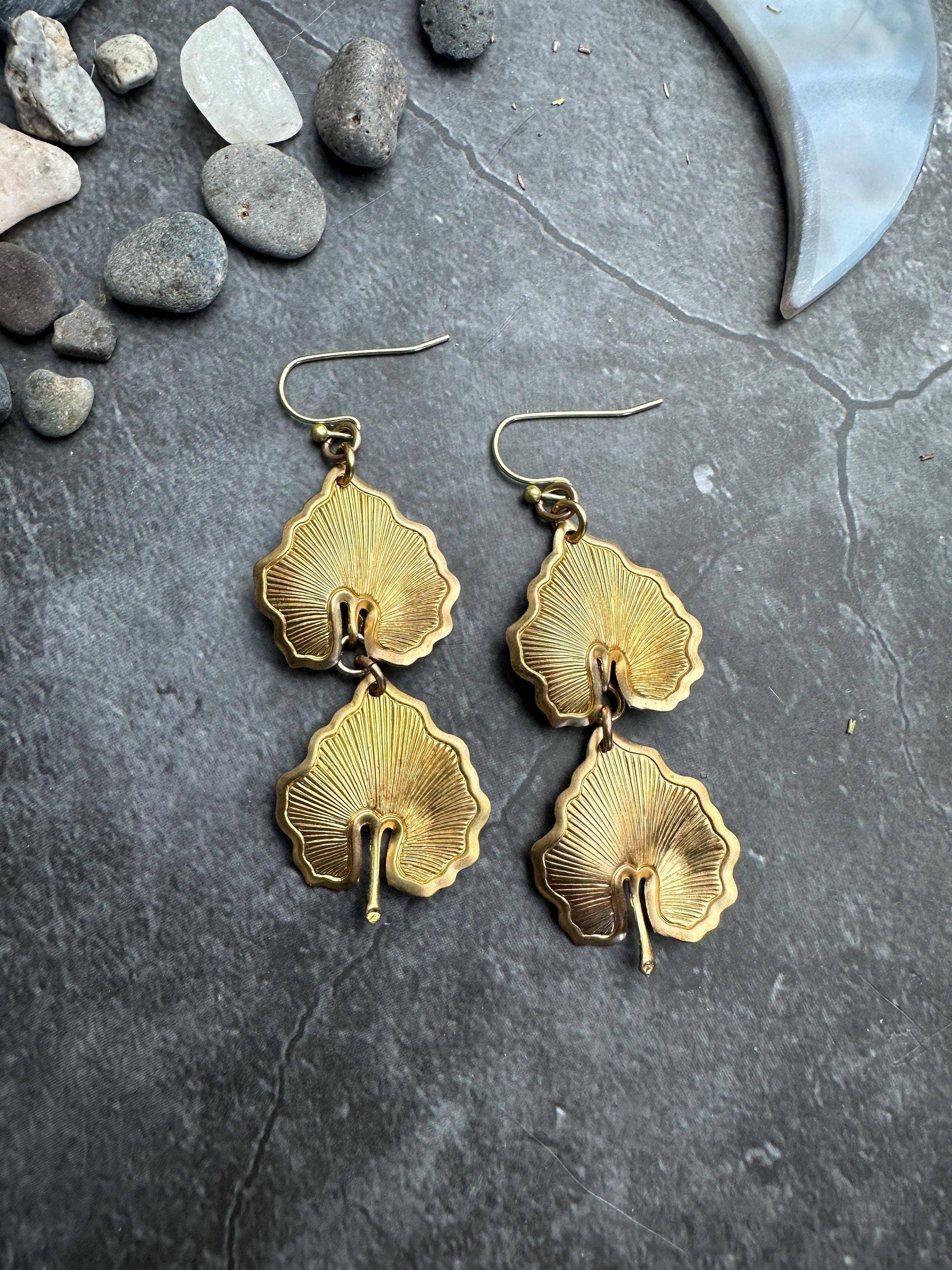 Botanical Leaf Earrings - Vintage Tooled Solid Brass