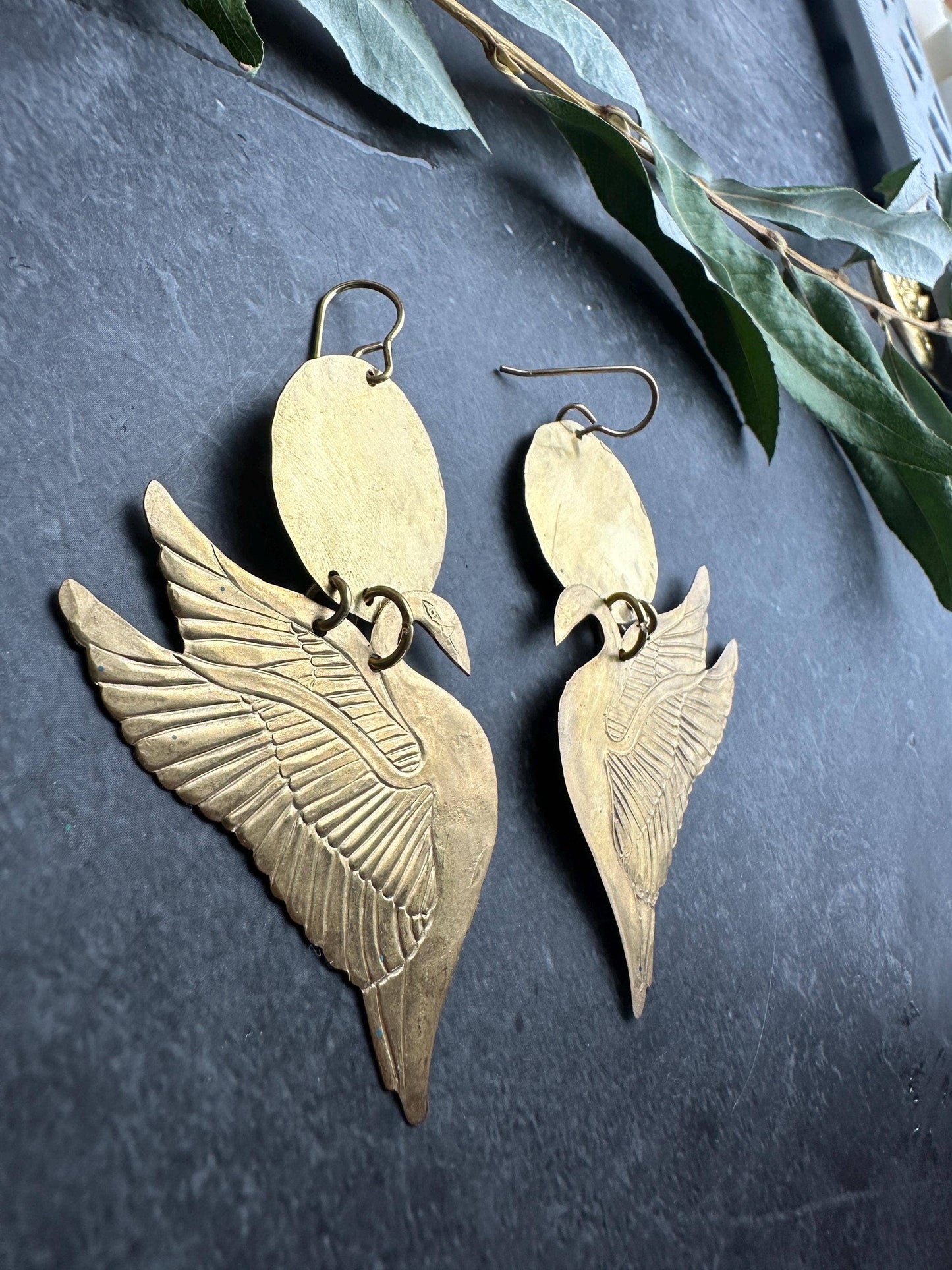 Sunset Swan Earrings- Handmade Beaten Solid Brass