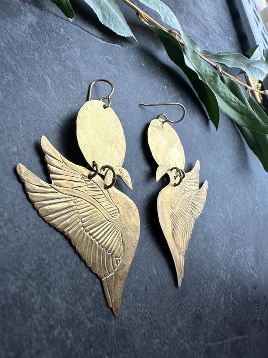 Sunset Swan Earrings- Handmade Beaten Solid Brass