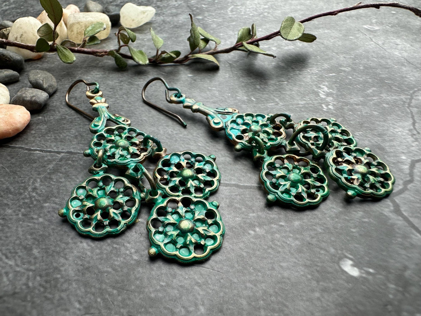 Verdigris Filigree Chandelier Earrings