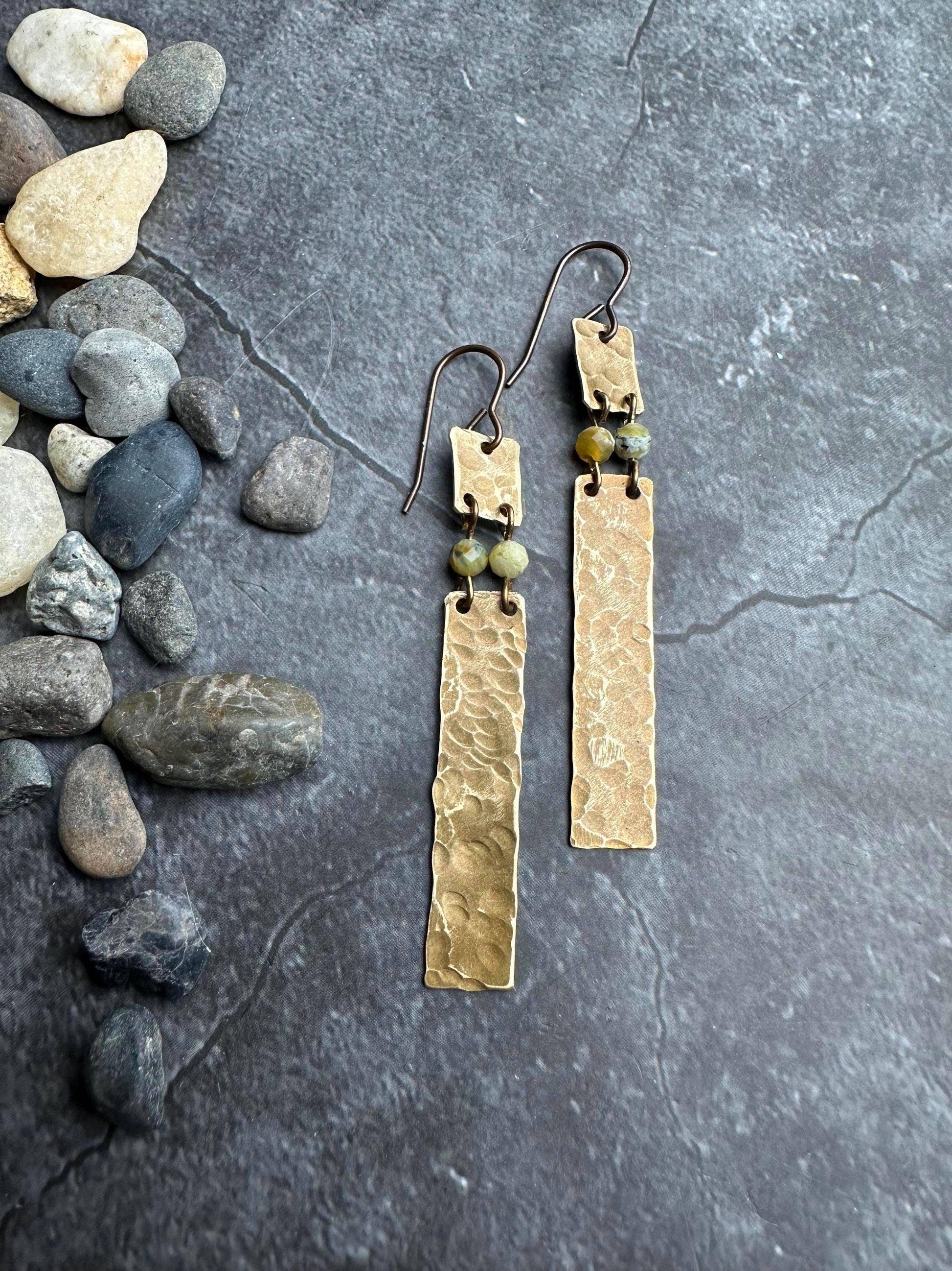 Geometric Rectangle Earrings - Hammered Solid Brass
