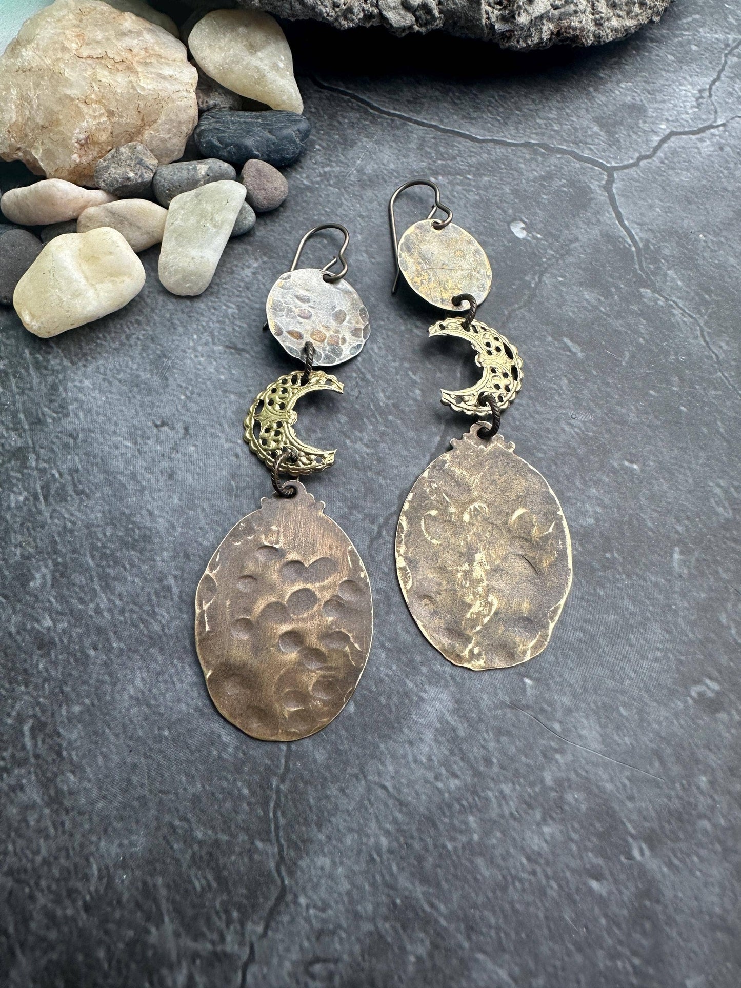 Handcrafted Brass Crescent Moon Drop Filigree Earrings