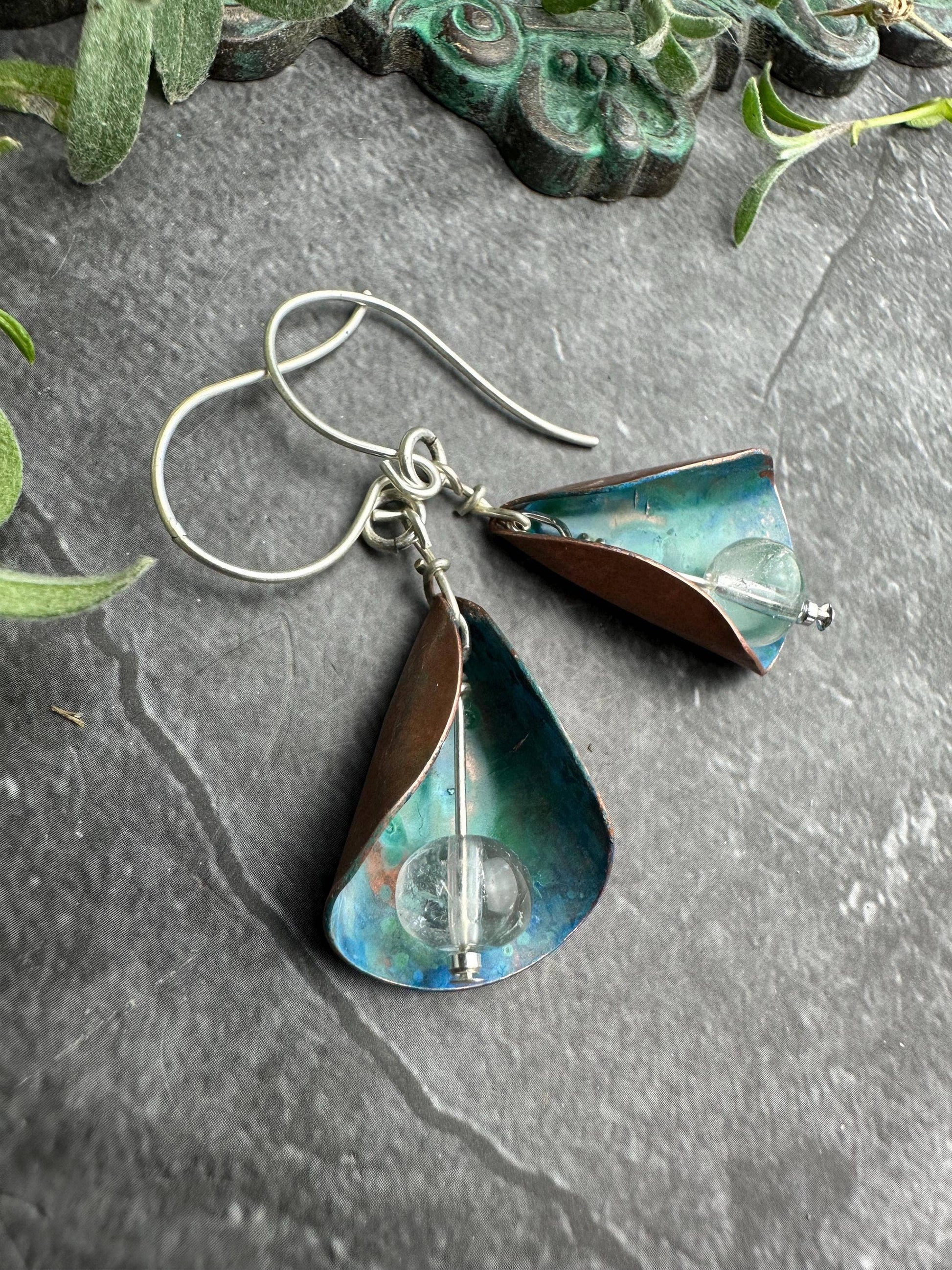 Patina Copper Lily Earrings - Crystal Quartz Bead Dangles