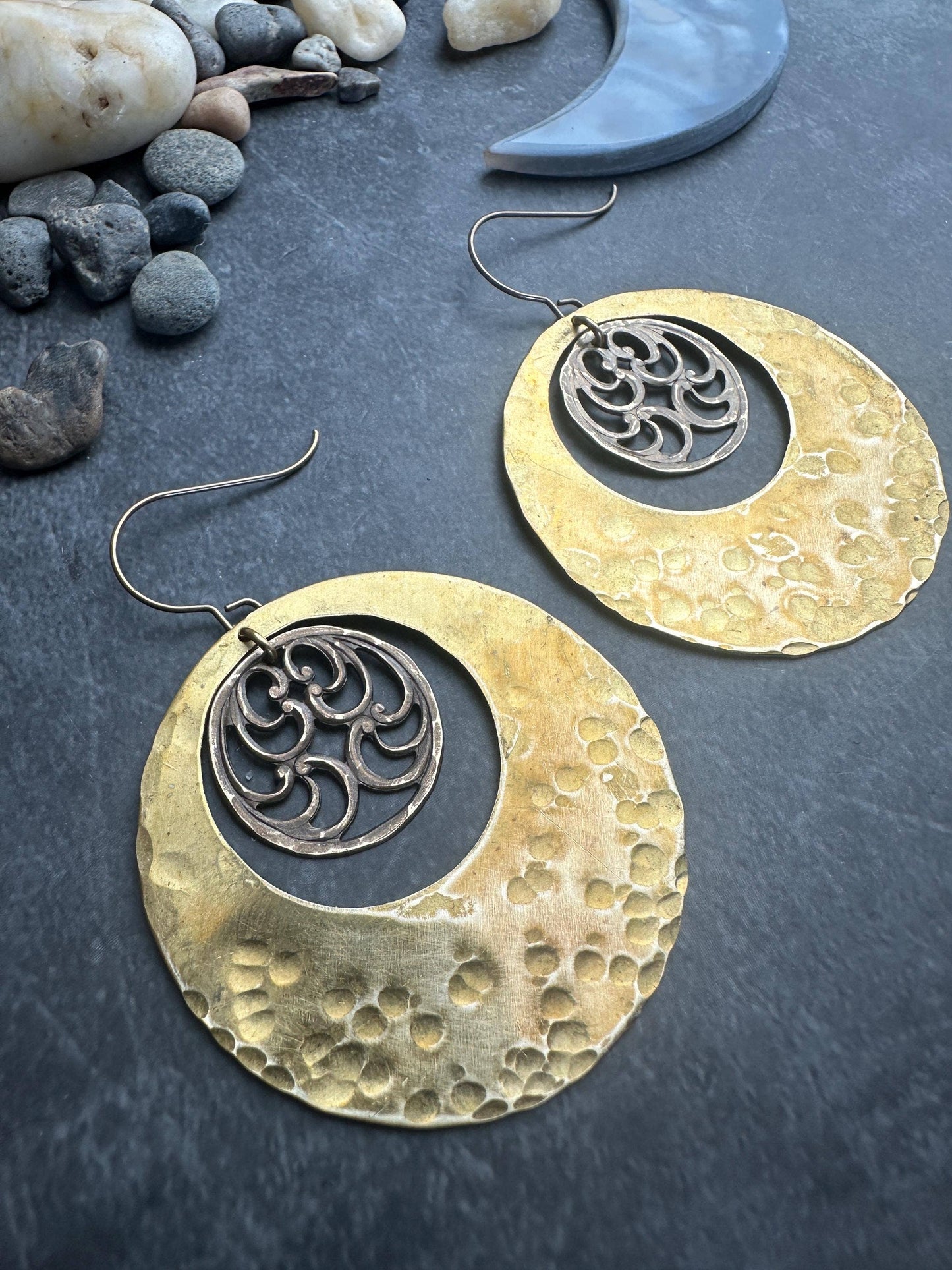 Large Geometric Hoop Earrings - Hand Hammered Solid Brass