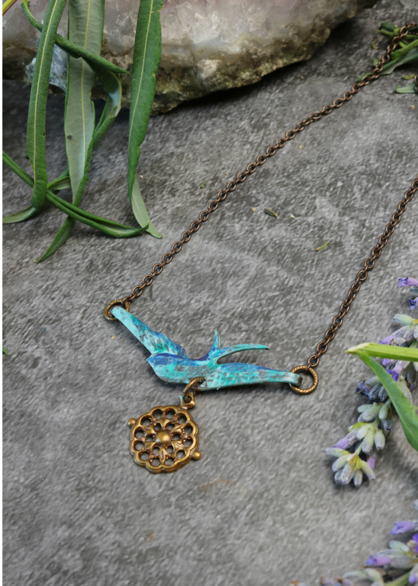 Compass Sparrow Necklace - Handmade Patina