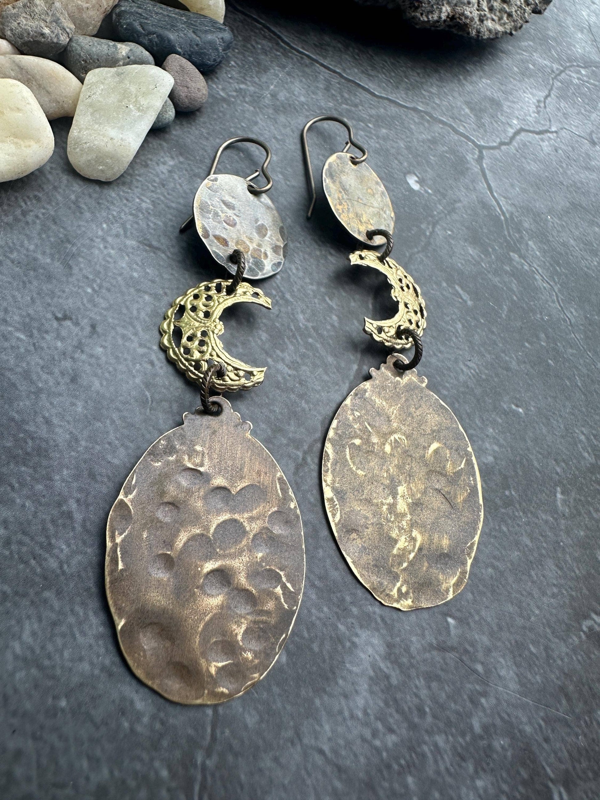 Handcrafted Brass Crescent Moon Drop Filigree Earrings