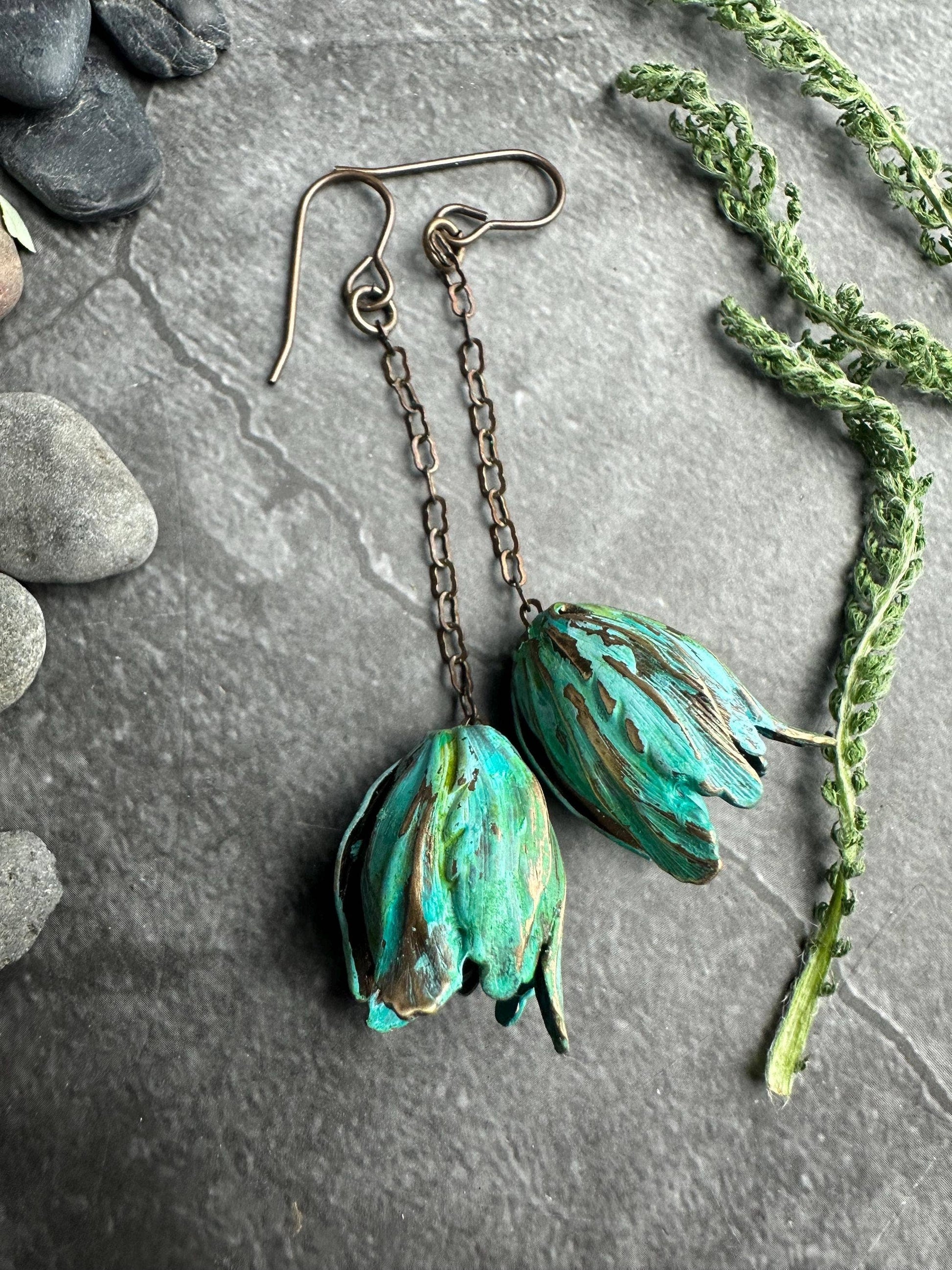 Verdigris Flower Drop Earrings