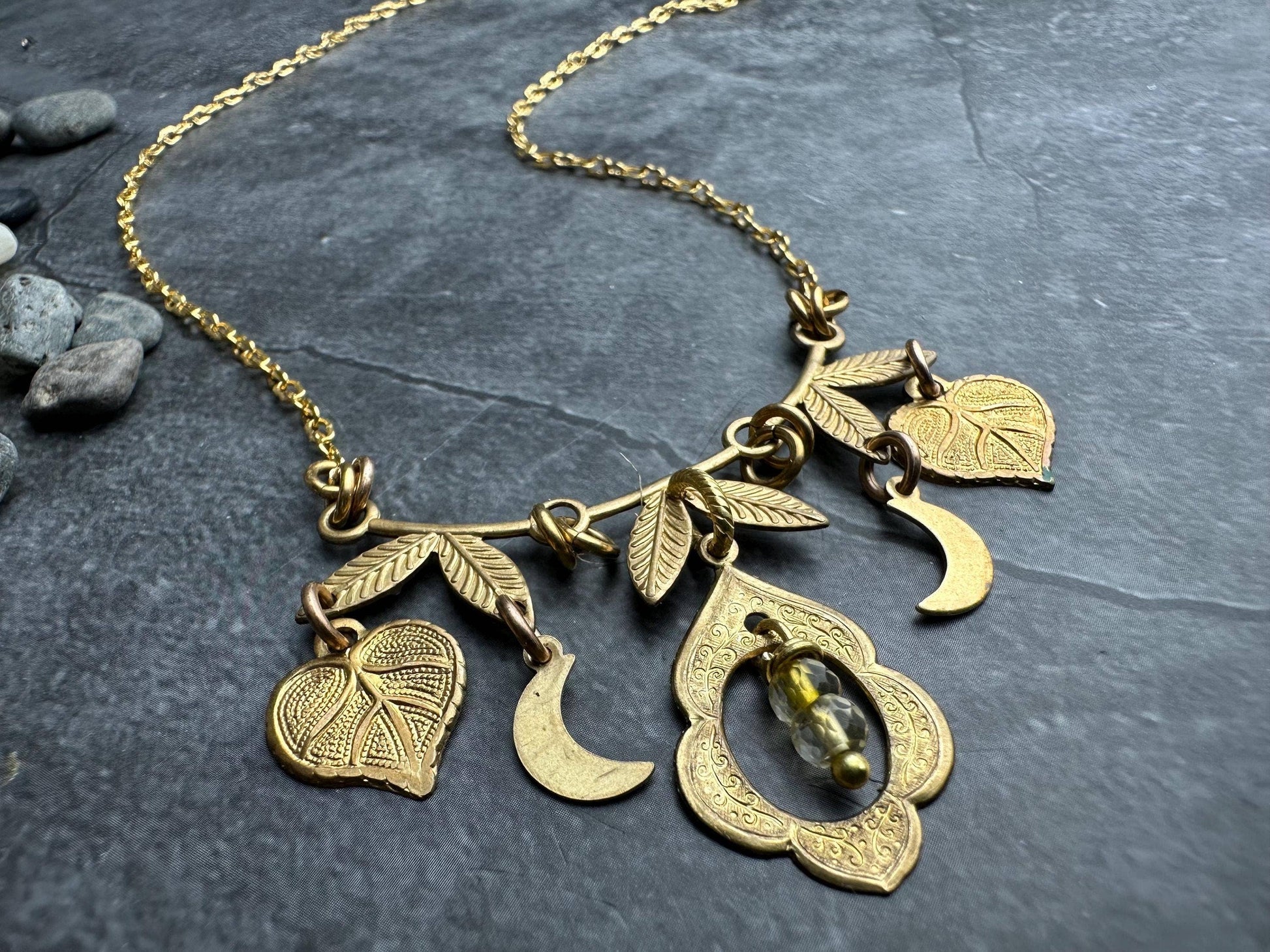 Brass & Citrine Charm Cluster Necklace