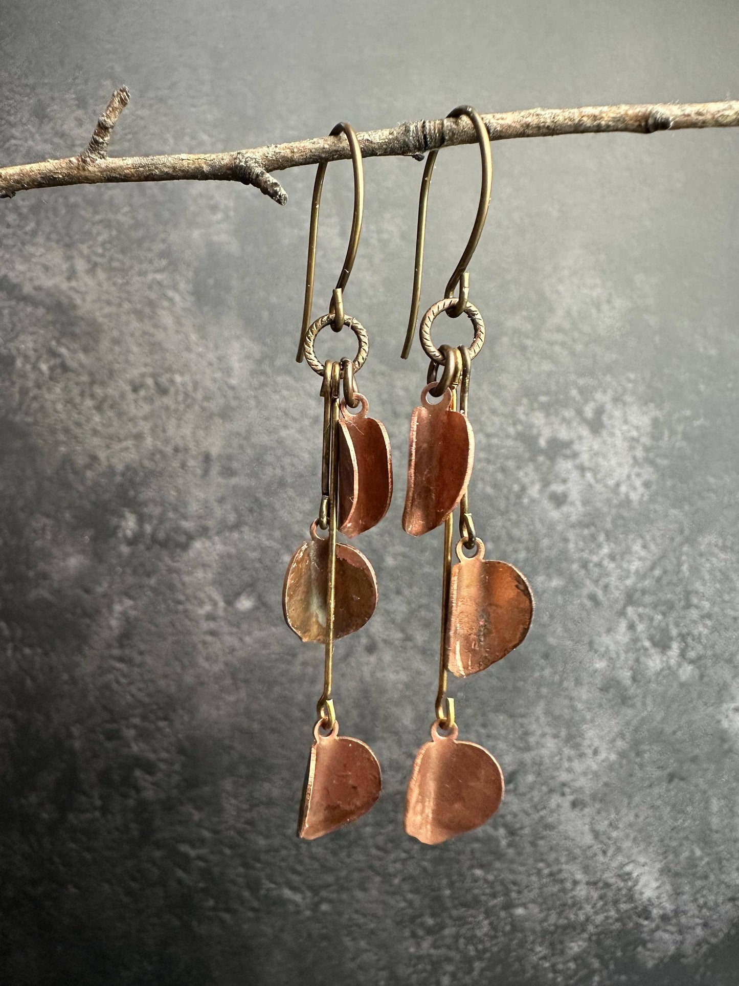 Copper Leaf Cascade Earrings - Rustic Copper Dangles