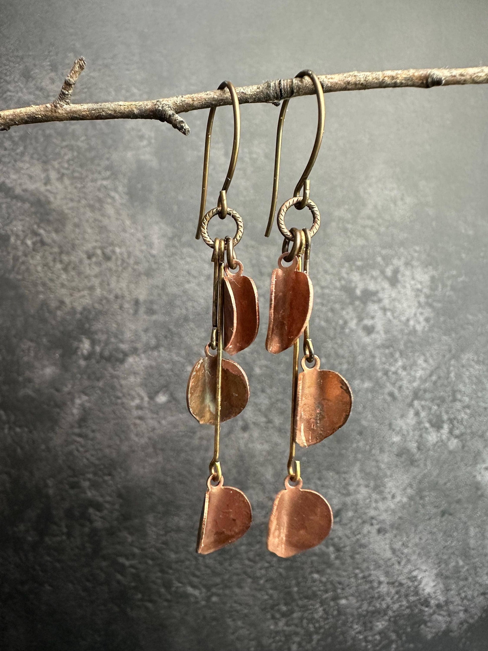 Copper Leaf Cascade Earrings - Rustic Copper Dangles