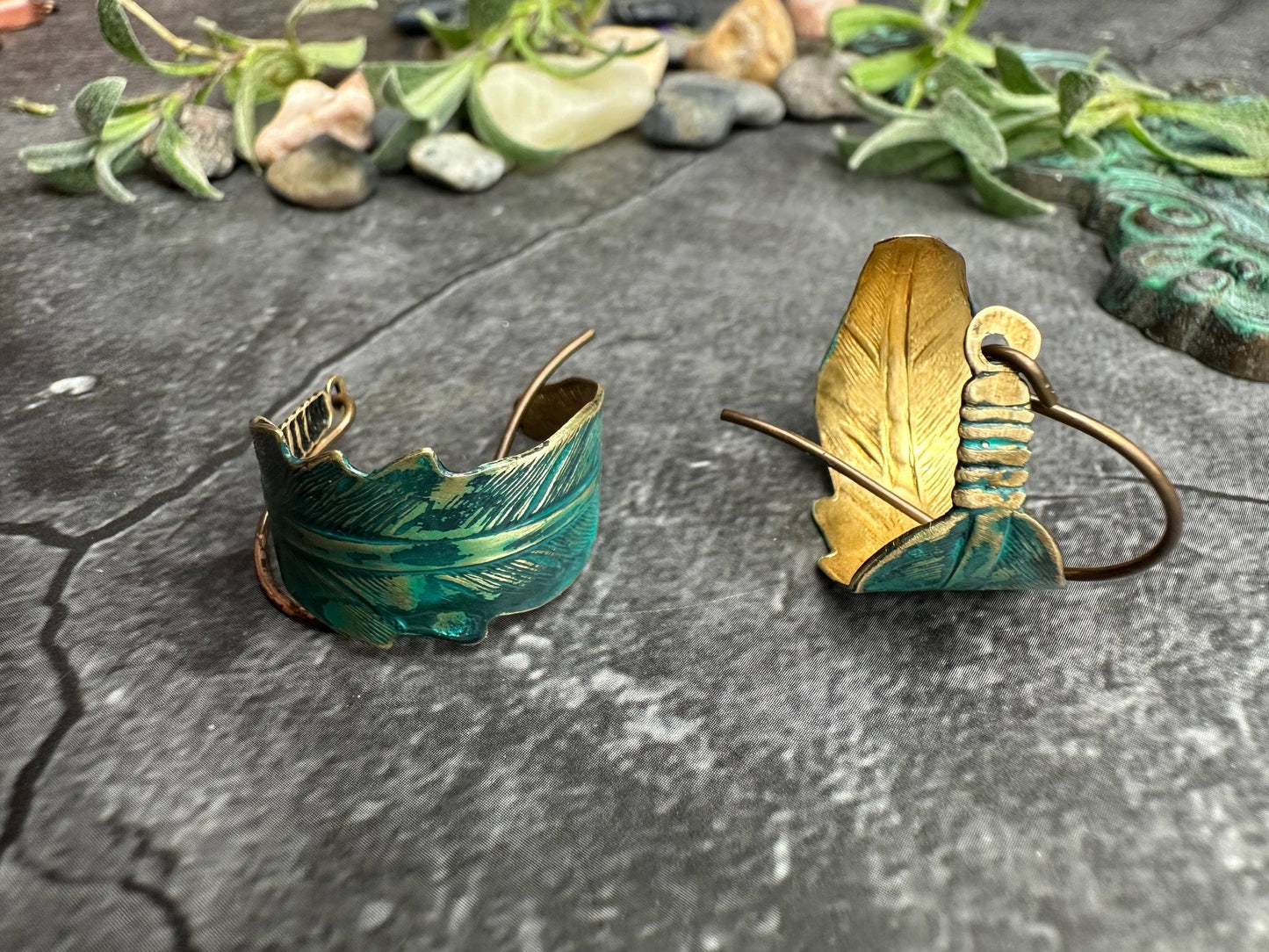Curled Feather Earrings - Verdigris Patina Brass Dangles
